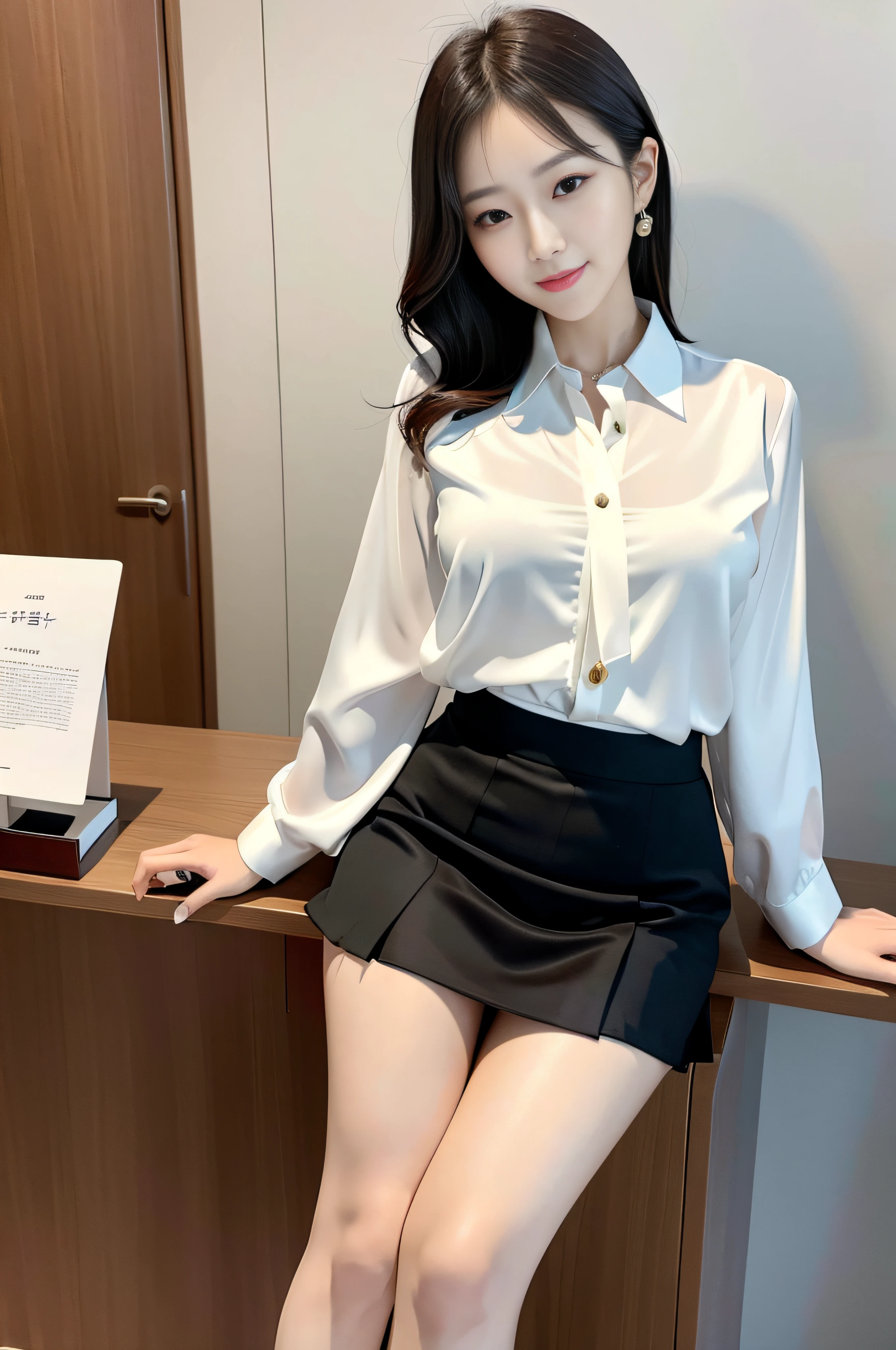 Korean woman, beautiful face, masterpiece, HD, photorealistic, smiling, seductive, office wear, wearing office clothes, silk button blouse)), pleated silk skirt, sfw, formal, physics based rendering,