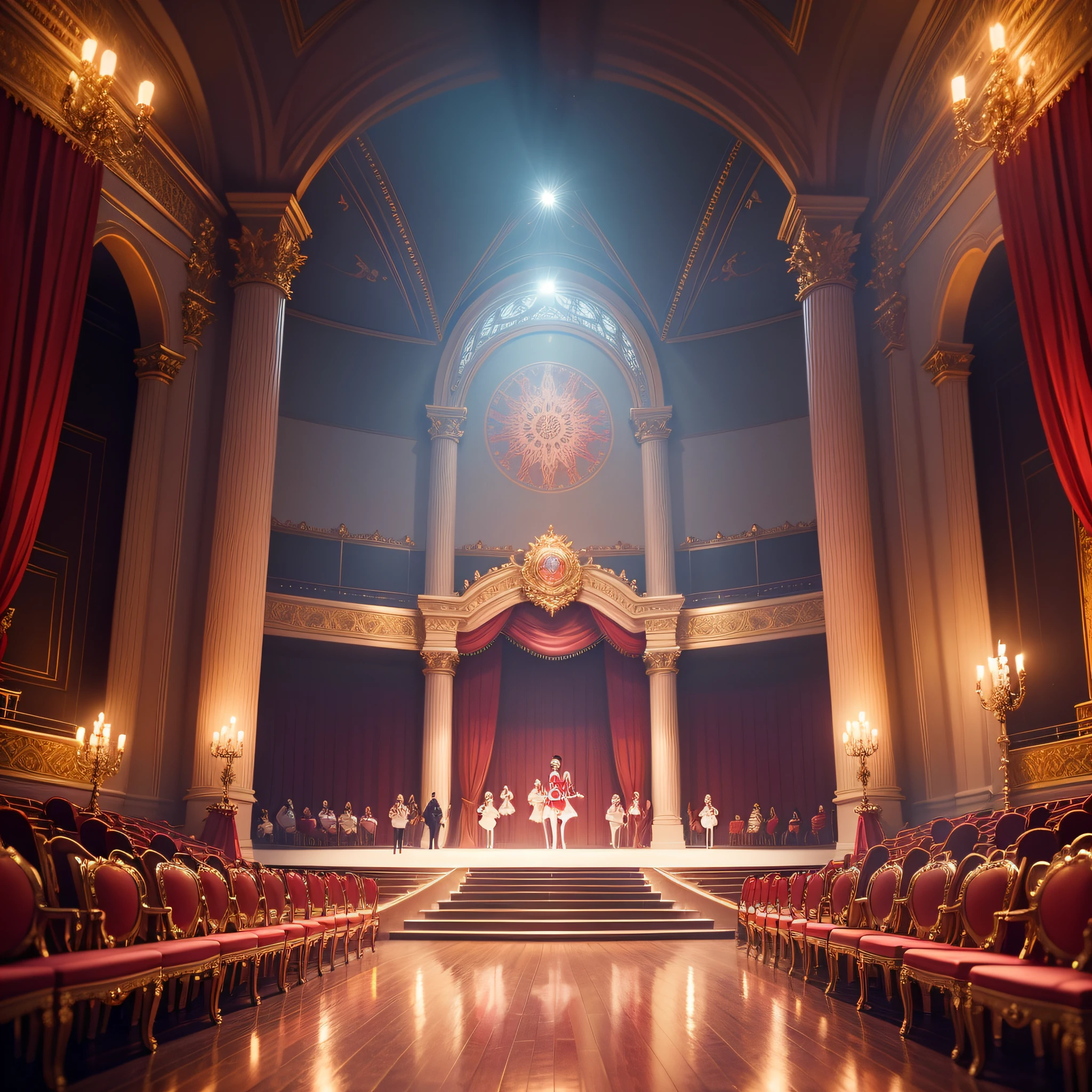 Nutcracker Ballet: A stage set for a performance of the Nutcracker ballet, featuring vibrant costumes and a beautiful backdrop.