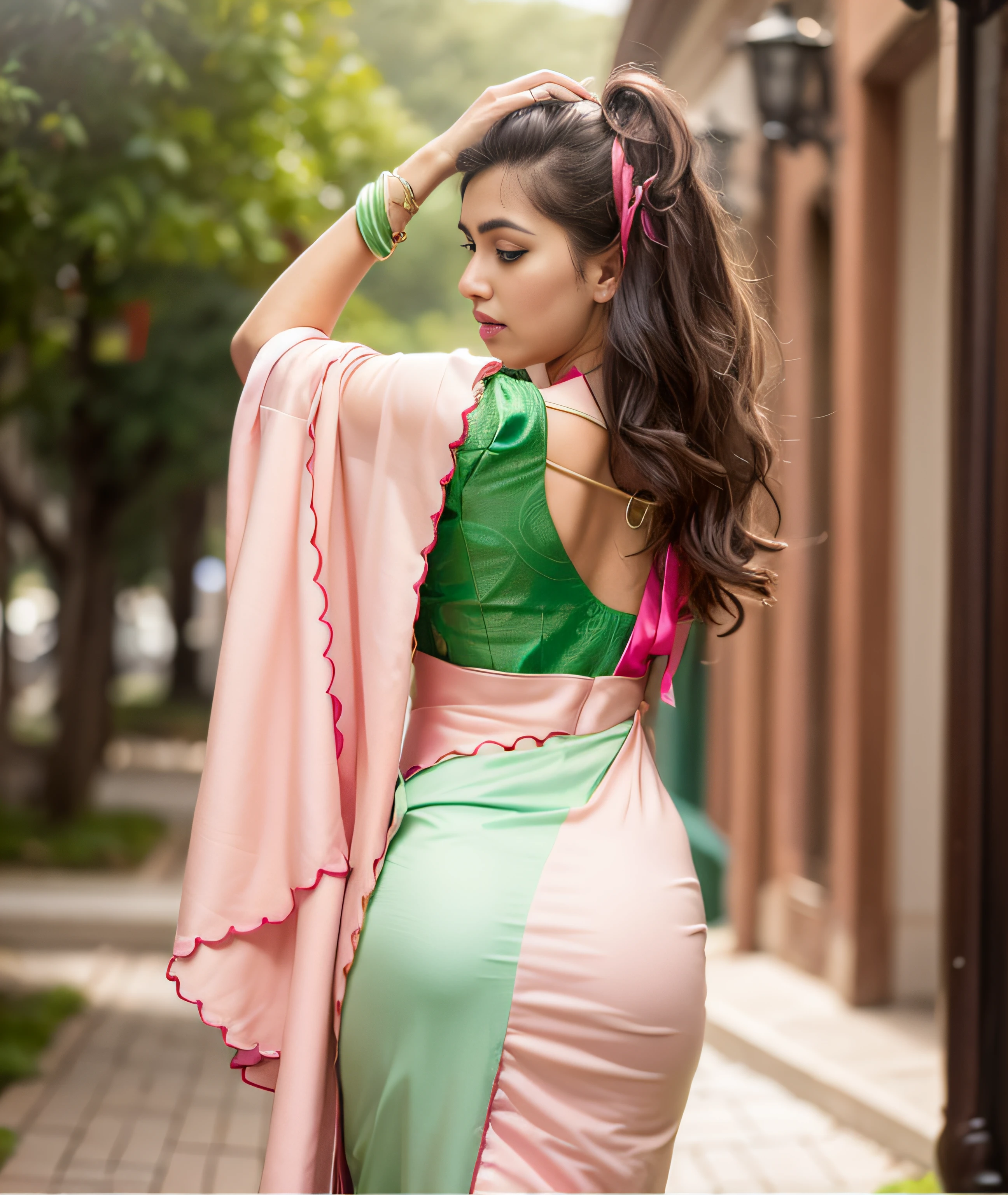 (Best quality, 8K, Masterpiece: 1.3), Clear focus: 1.2, Beauty: 1.2, long Brown hair,an Indian female model in a green sari with pink shawl and a pink blouse, draped in fleshy green and pink, backview, pastel', back pose, pastel green, showing her shoulder from back, back view!!, rear view, green and pink, from the back, satin, back - view, feminine in cute pastel shades, very beautiful enga style, in pastel colors
