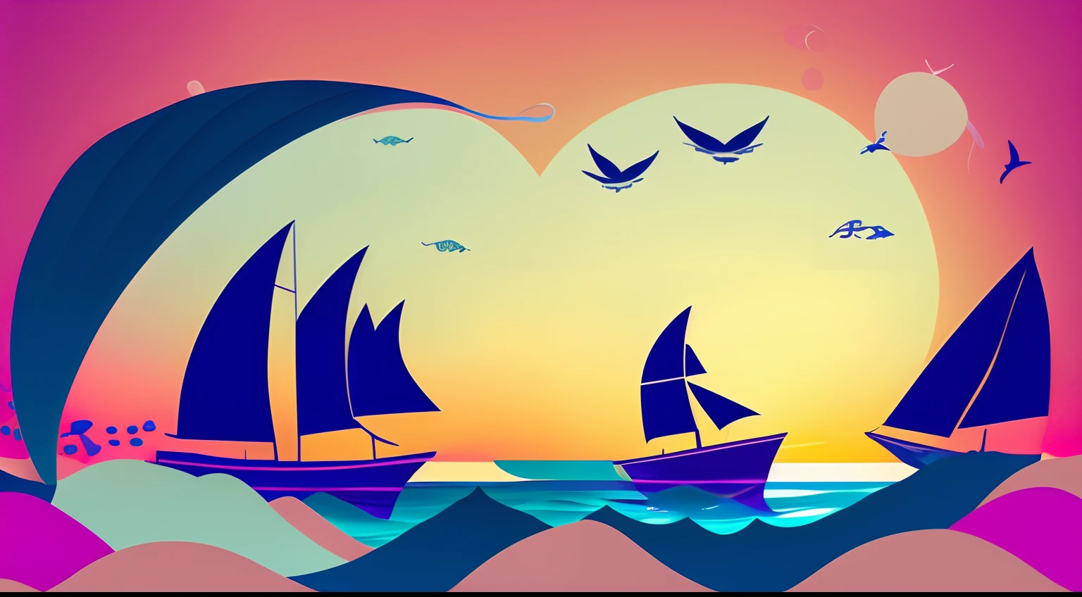 A beautiful modern large yacht, Mother's Day scene, warm, grateful flat illustration style, 2D, modern art, in this beautiful evening, a and his loving mother are sitting on a large and beautiful yacht, enjoying Wonderful time at sunset. The speedboat cuts through the waves on the sea, leaving behind a trail of white waves, as if paying tribute to the surrounding sea. The young man held his mother's hand tightly, feeling her warm body temperature and loving eyes. Together they enjoyed the beautiful scenery on the sea. Seagulls soared in the sky in the distance, and dolphins jumped out of the water, leaving behind beautiful splashes. In this beautiful moment, mother and son feel the power of freedom, harmony and love together, and enjoy the tranquility and beauty brought by this beautiful ocean.
