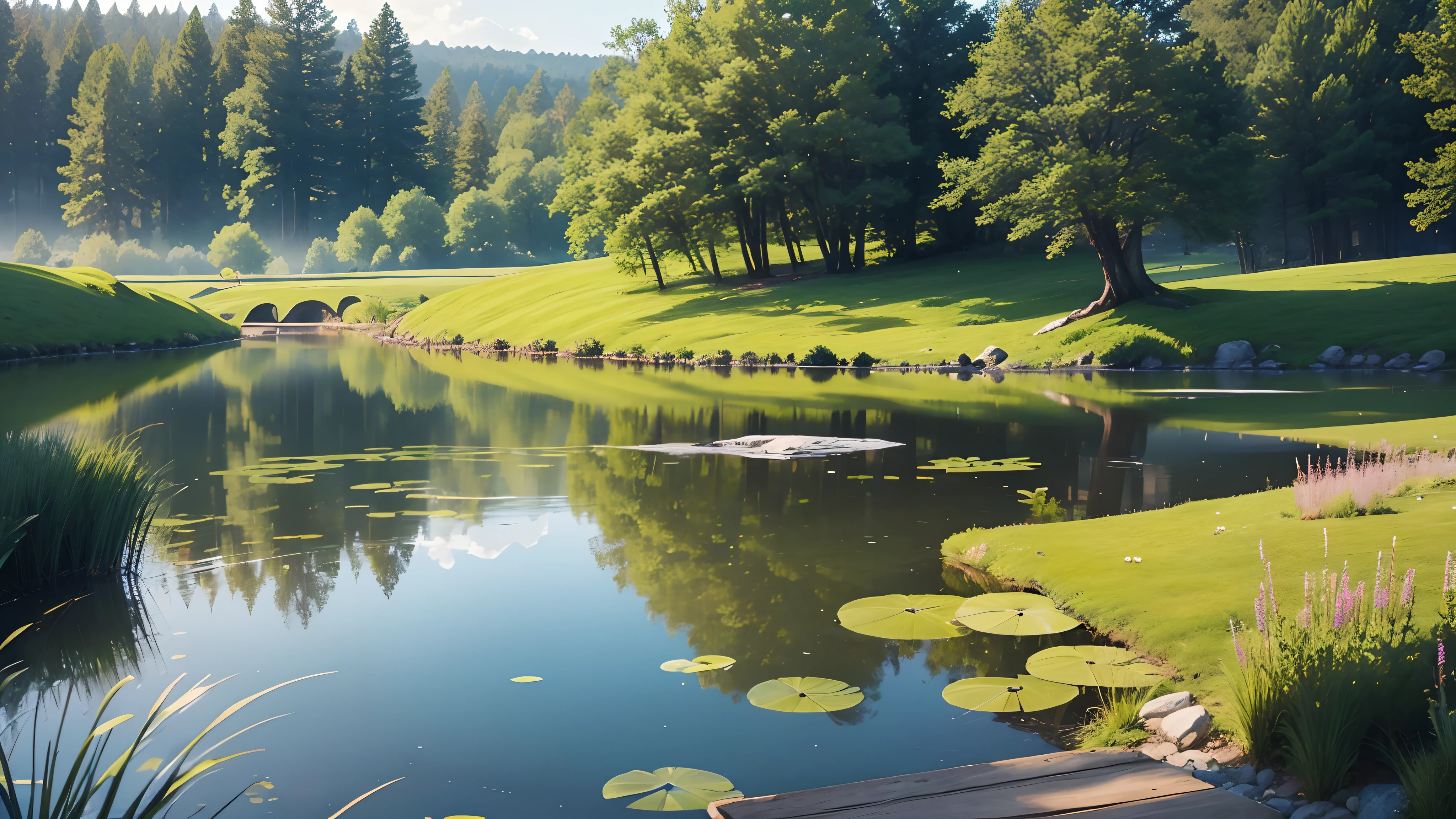 Begin with an image of a serene pond, nestled within a picturesque, reedy meadow, where a small, speckled egg rests.