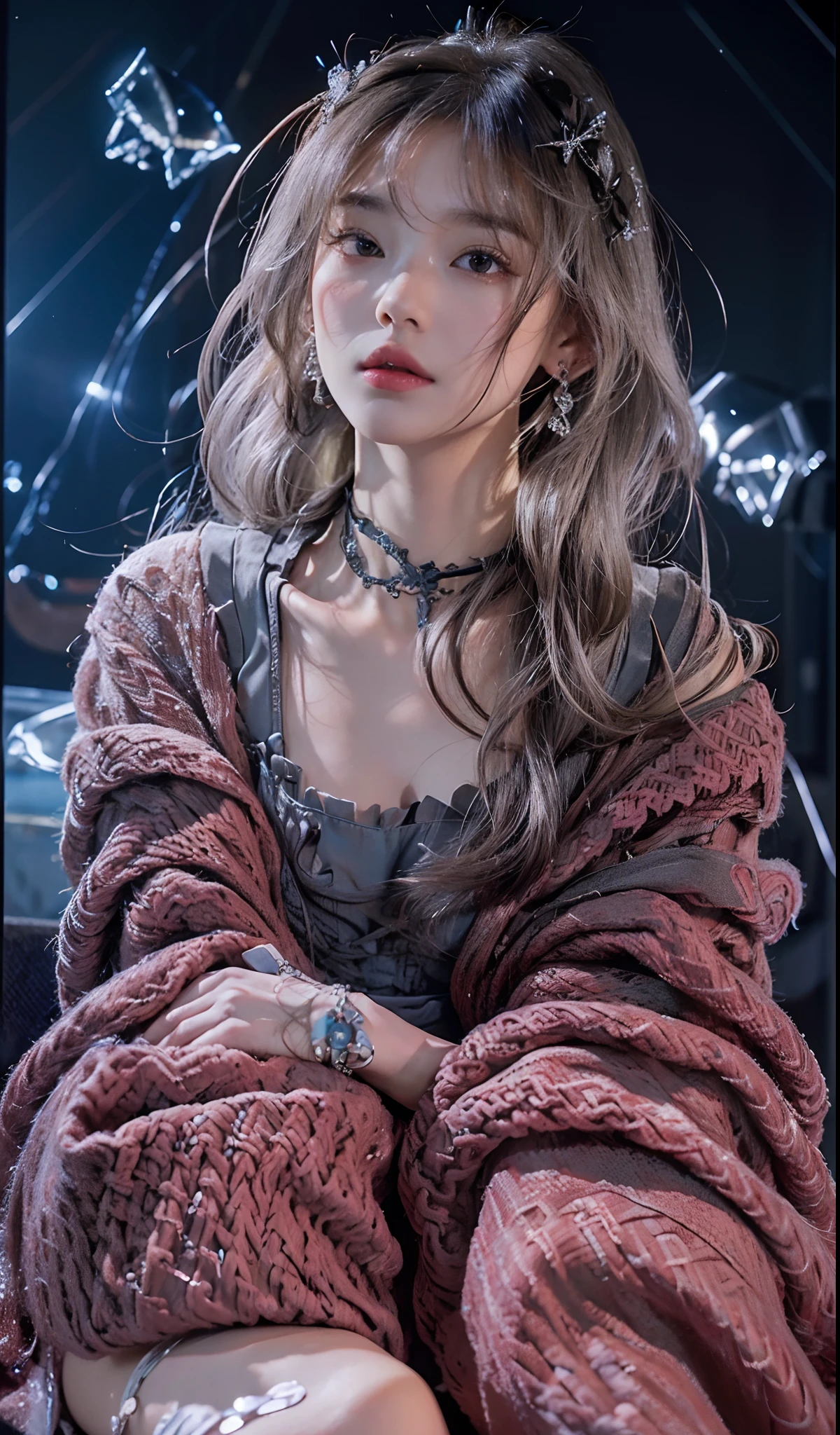 cute, ultra-detailed, illustration, intricate, detailed, extremely detailed, detailed face, soft lighting, soft light, soft focus, perfect face, beautiful, accurate anatomy, overexposure, 8k, 4k, (highres:1.1), best quality, (masterpiece:1.3), 1girl, solo, jewelry, brown eyes, looking at viewer, earrings, grey hair, bangs, choker, closed mouth, portrait, watch, hair ornament, simple background, grey background, long hair, head rest, lips, hair bow, black choker, bow, eyelashes