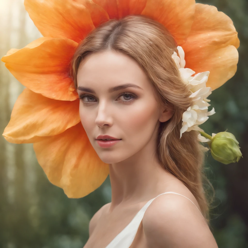 elegant and beautiful 50 year old woman in ultra realistic and chic portrait, background decorated with plants and blue sky