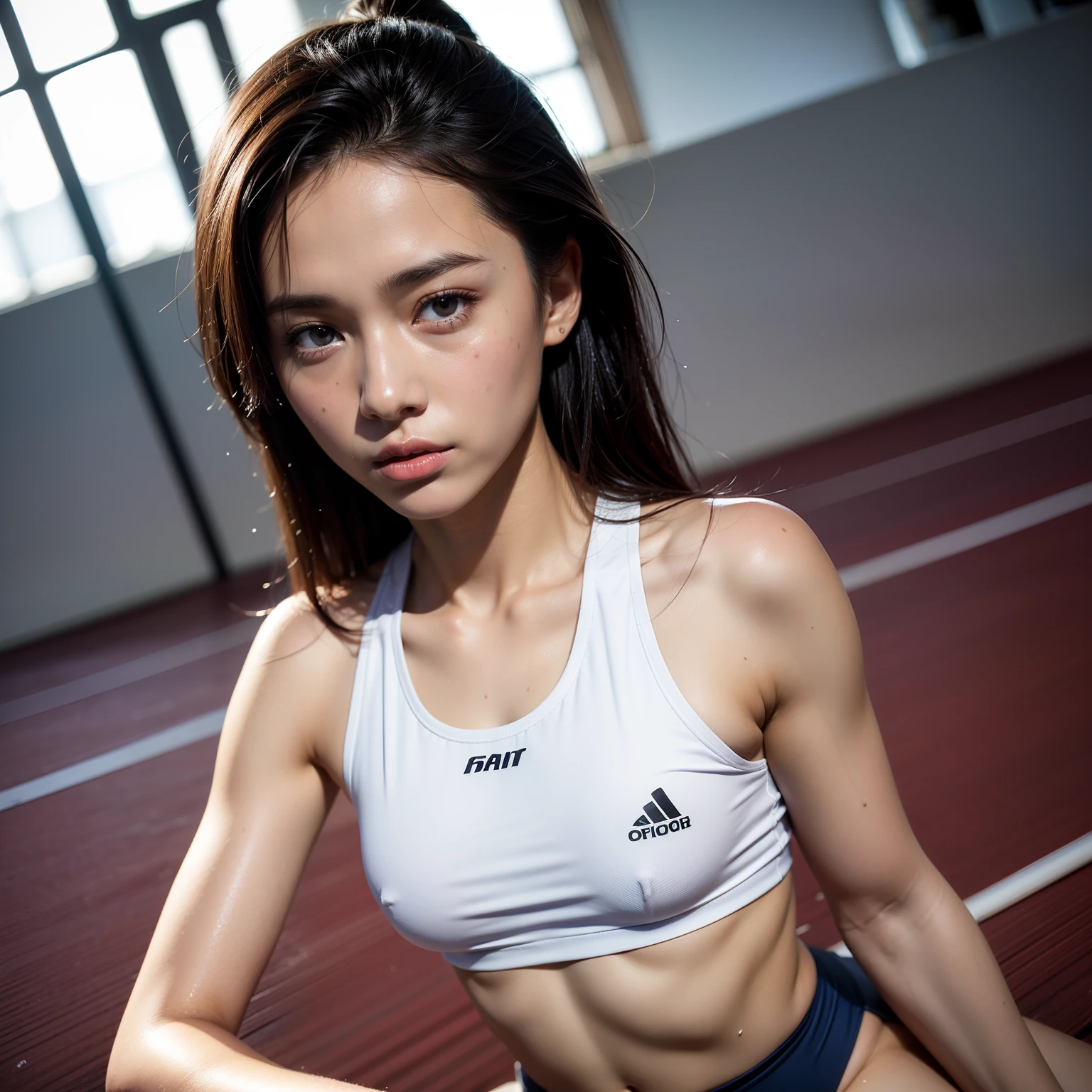 (Digital Painting),(Best Quality), 1girl, track and field uniform,charming face,small head,big beatiful eyes,small breasts,Trained abs,nice legs,wet skins sweat,track and field,Dramatic light, nipples,