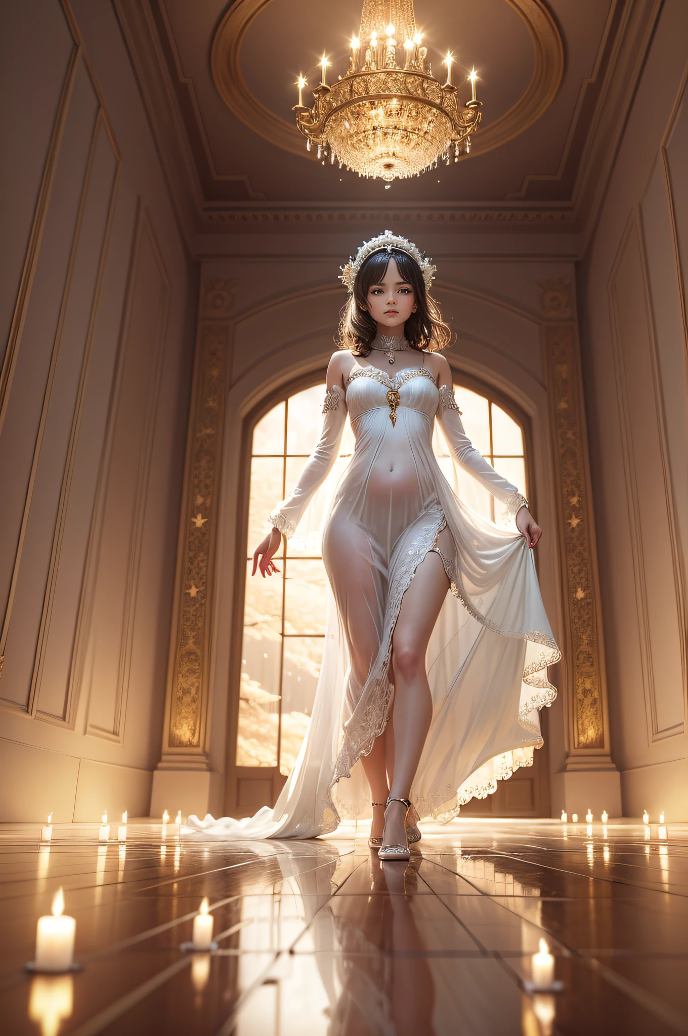 A dancing girl in a white flowery modest gown in a hall of decadent mirrors, her reflections clear across the magnificant hall that tapers towards eternity in a sea of birthing stars that herald the start of a nexus of incandescent possibilities