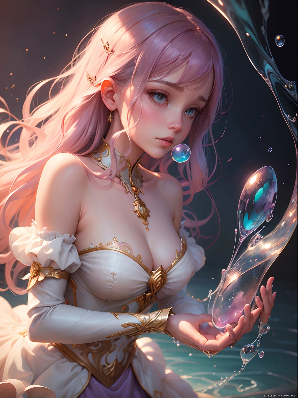 a painting of a woman in a dress blowing bubbles, loish and wlop, ethereal bubbles, moebius + loish + wlop, dreamy and detailed, intricate wlop, closeup fantasy with water magic, fairytale artwork, fairytale painting, in style of anna dittmann, wlop art, realistic fantasy painting, artgerm julie bell beeple