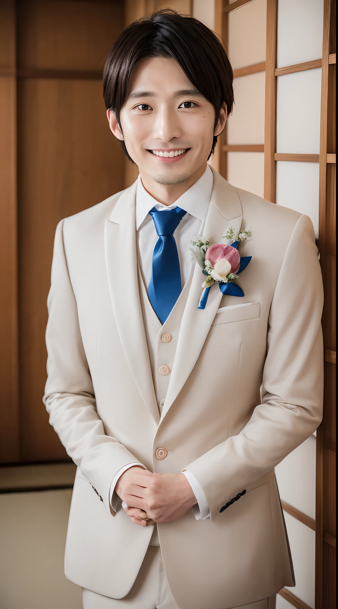 4K、top-quality、masutepiece、 ((Japan Male,30 years old))、a handsome、bridegroom、wedding hall、Looking at the camera、A smile