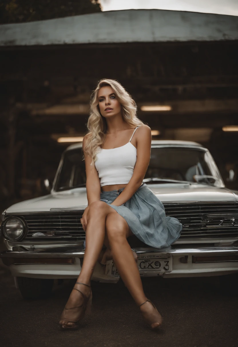 Hot young blonde woman standing leaning against the hood in front of the grille legs crossed. Mini skirt and tank top in white. handsome face. best qulaity, 8K, Meisterwerk, hyperanime