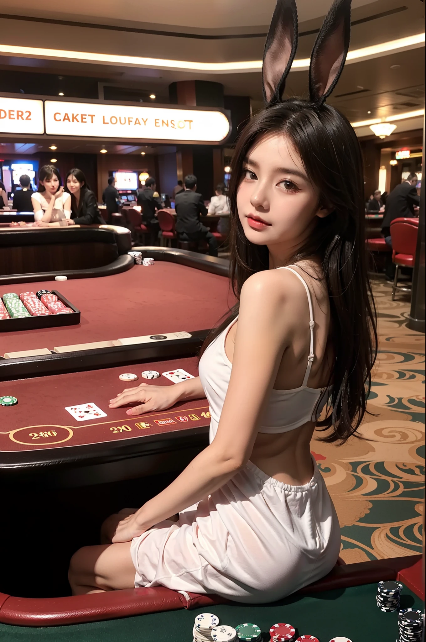 1girl in,Casino、Sit at the poker table,Soft light、The face remains a model、bunny girl outfit、Dealer attire、Solo Shot、model shot