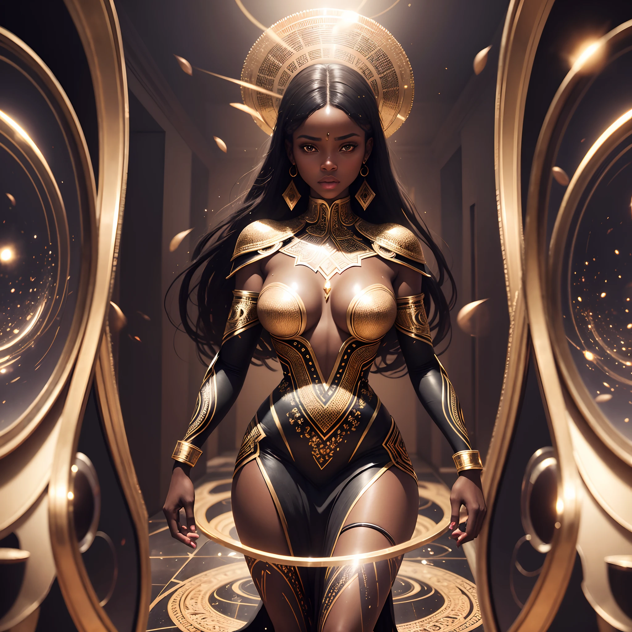 Black nubian woman wearing african designed clothes standing in a room full of exploding mirrors, mirror particles surrounding black woman, mirror particles floating in air, light reflecting on the mirror particles, with iridescent light, photorealistic image, 32k, ultra HD, cinematic lighting, artgerm style