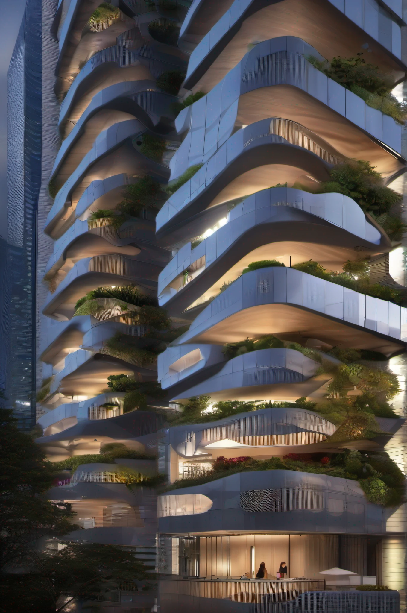 Singapore deconstruction parametric tower, street view , ultra design , cinematic lighting , plants on facade ,