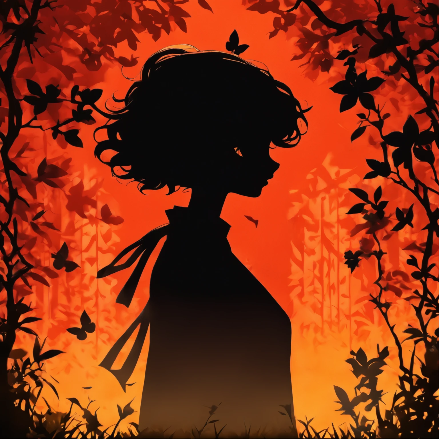 (Silhouette Art,cutouts:1.6)
(((Paper cutting art,A world where only black exists:1.3)

(Cowboy Shot),1 girl,Solo,
(Kimono Girl,profile:1.2),white, Clear and beautiful face,Black cat at feet

break
(Colored leaves、amarelo　Red:1.1)
Textured glass background,