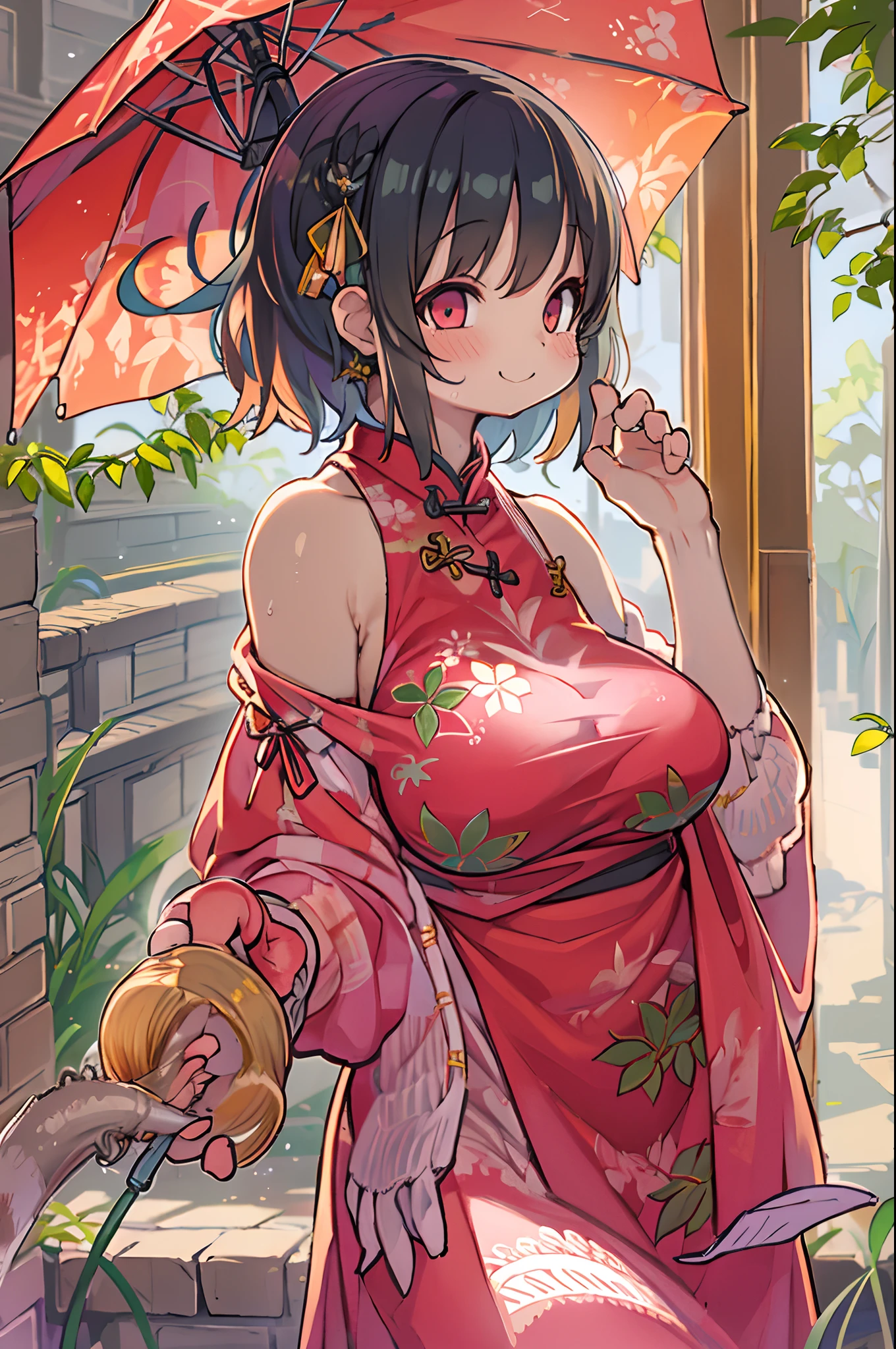 red Cheongsam, 1girl in, Solo, Black hair, Short hair, Upper body, Smile, parasol, maturefemale,