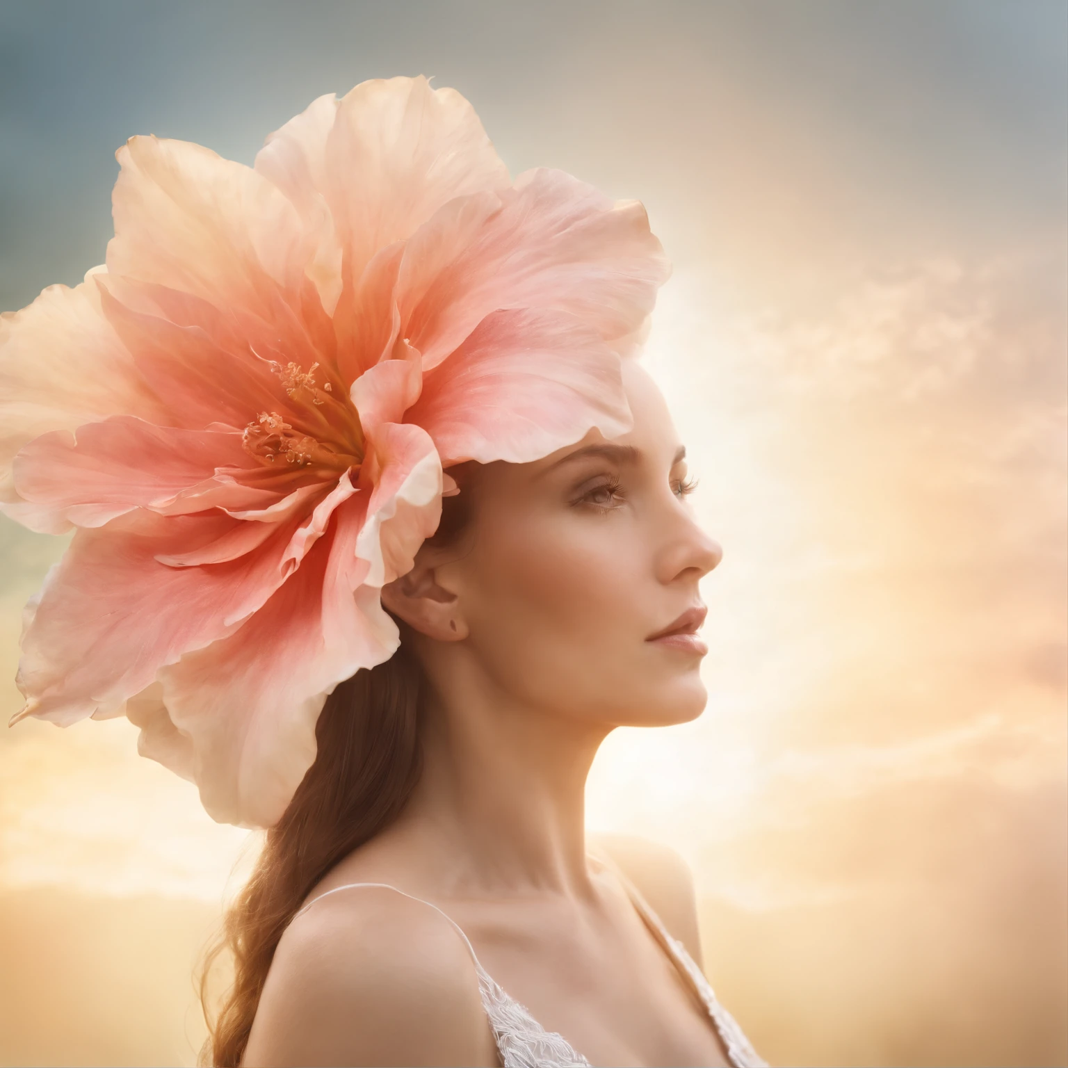 Woman with huge flower sticking out of her head in fantasy movie style, 3d rendered, cinematic, photography, typographic