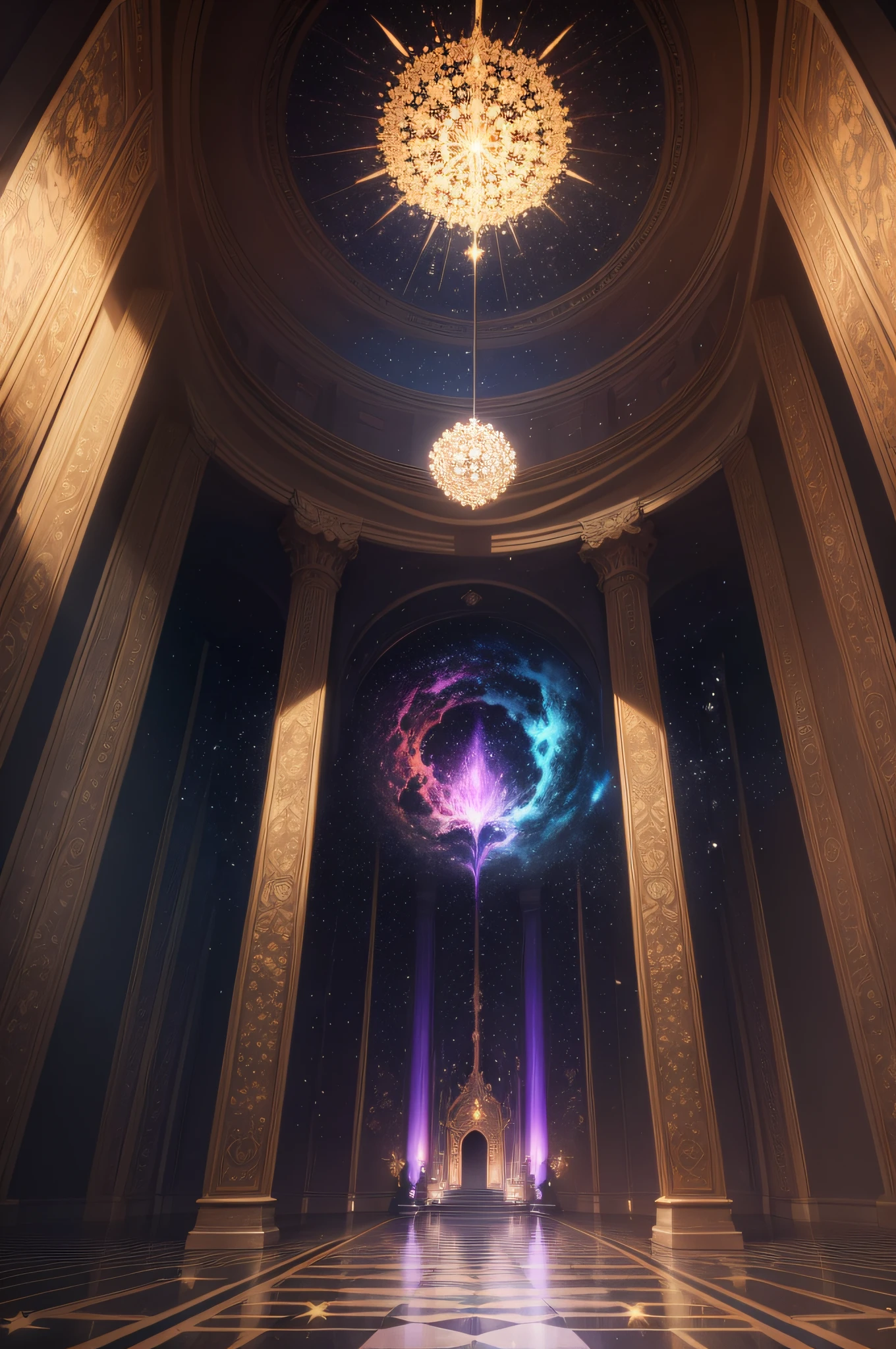 A magnificant decadent hall that tapers towards eternity in a sea of birthing stars that herald the start of a nexus of iridescent probabilities.
