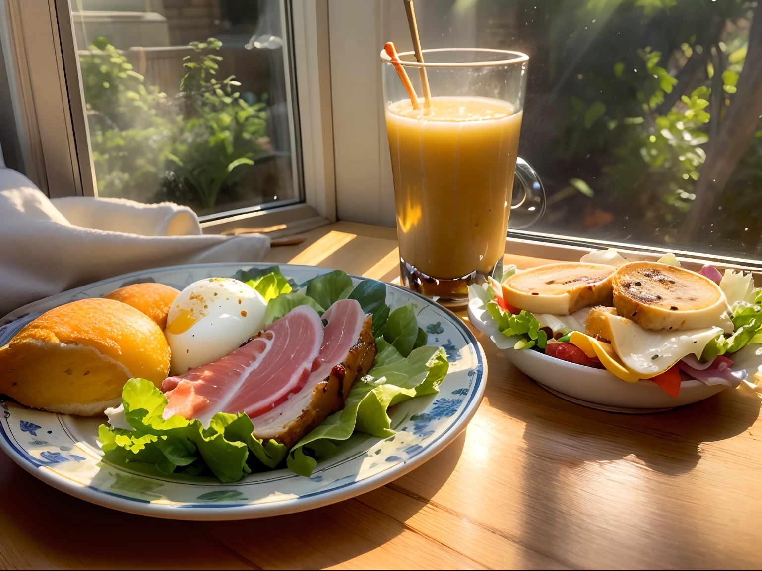 At the dinner table,panini, Tuna,Egg, sliced ham, lettuce,glass of milk.ketchup, Sunlight outside the window.