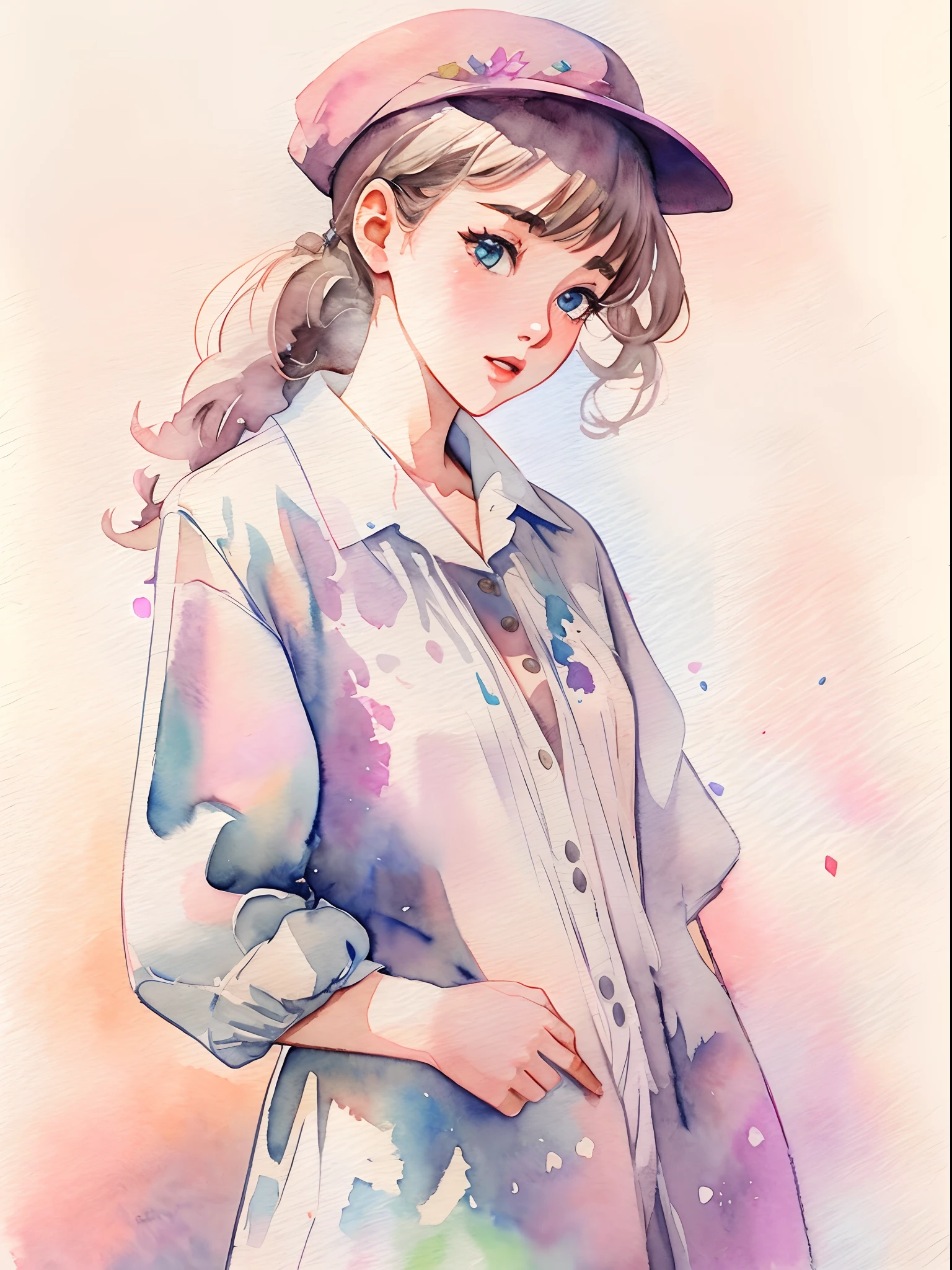 teens girl、full bodyesbian、Standing Picture、watercolor paiting、Vintage、White background