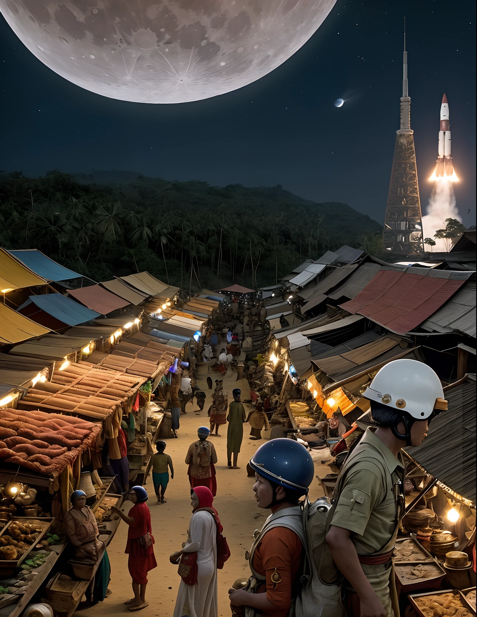 Indonesians people at the tradisional market, roll out shanties, ((peoples wearing astronout helmet)),on the moon, (moon landscape), in front is Indian rocket landing on the moon, at night, earth is looks above scenery,