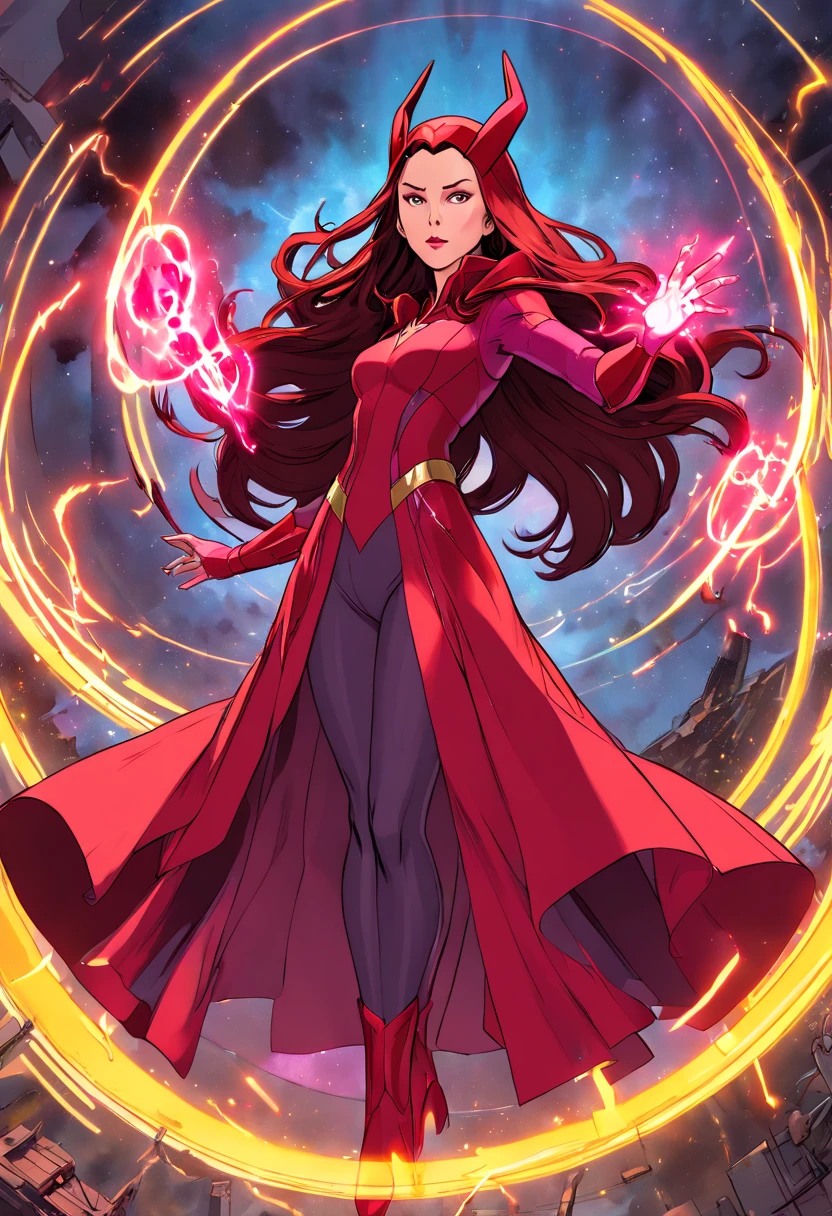 1 Scarlet Witch, From the American comic book superhero, Full body standing painting, (((独奏))), Clear facial features, Simple line design, ((tarot card background, symmetric beauty)), perfectly symmetrical, The art of symmetry, Standing drawings of characters, ((flatcolors)), tmasterpiece，top Quority，best qualtiy，超高分辨率, ((Clear facial features，beautidful eyes，beauitful face, Exquisite facial features))