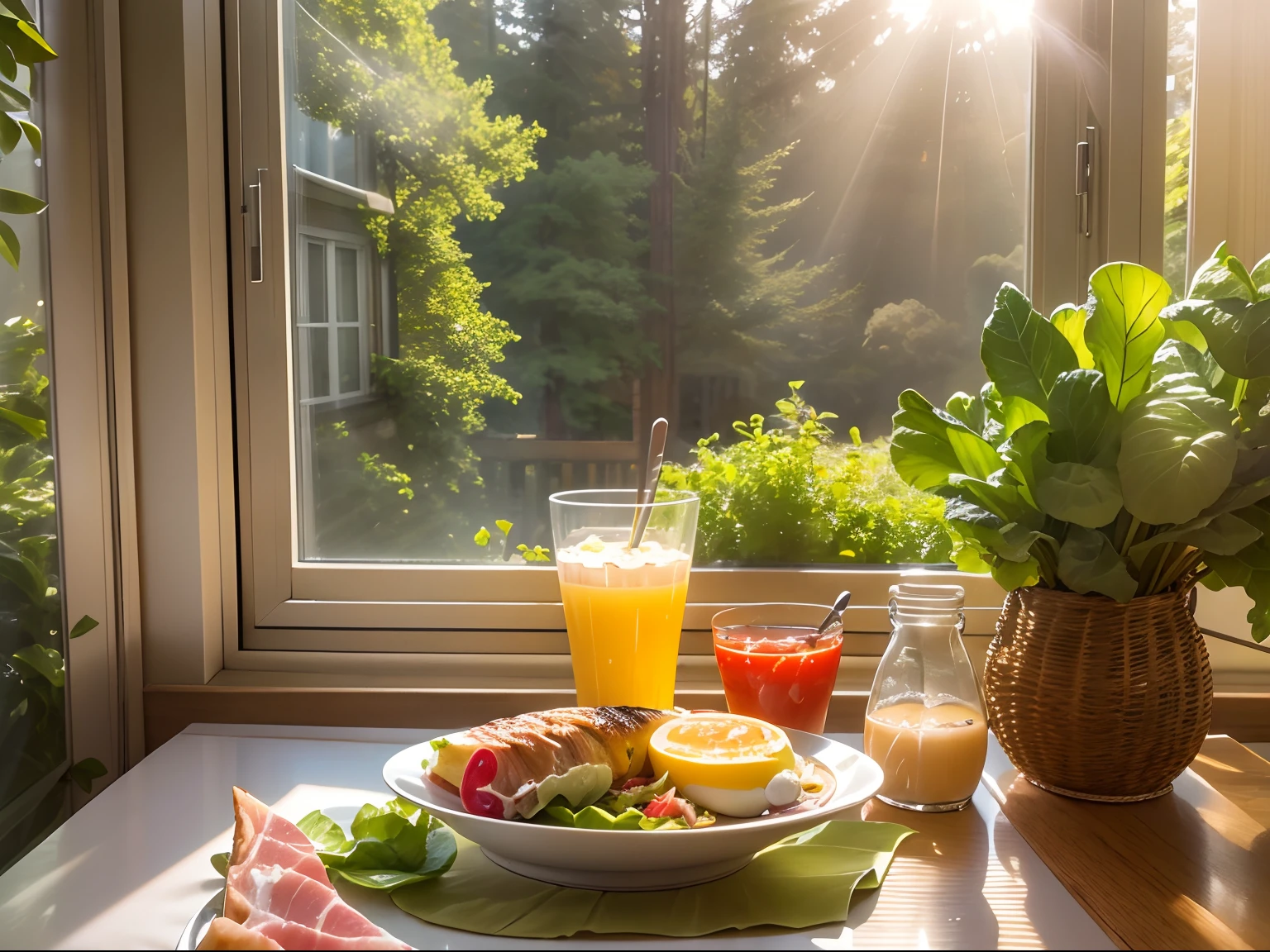 At the dinner table,panini, Tuna,Egg, sliced ham, lettuce,glass of milk.ketchup, Sunlight outside the window.