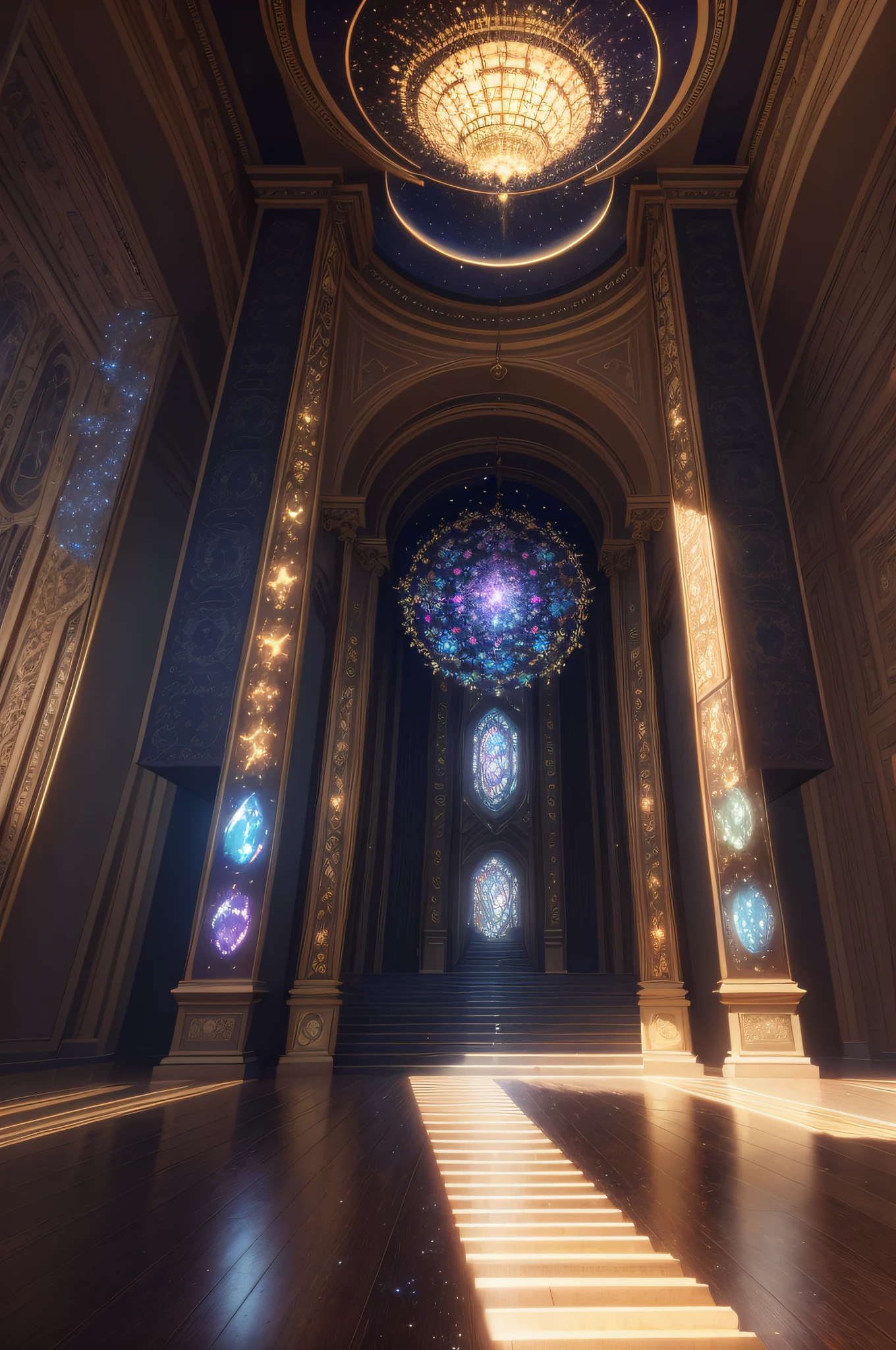 A magnificant decadent hall that tapers towards eternity in a sea of birthing stars that herald the start of a nexus of iridescent probabilities.