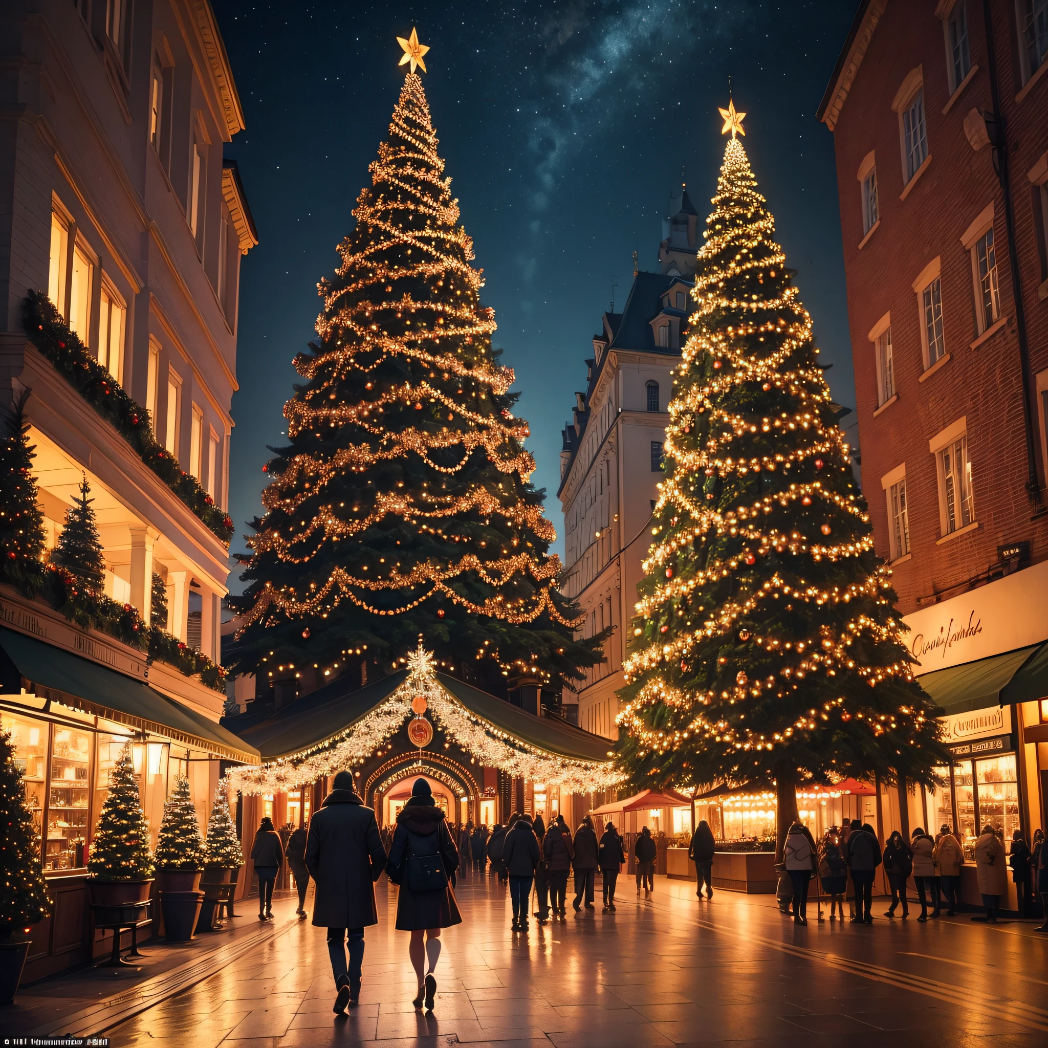 Festive Cityscape: A vibrant cityscape adorned with dazzling lights, skyscrapers, and a giant Christmas tree in the town square.