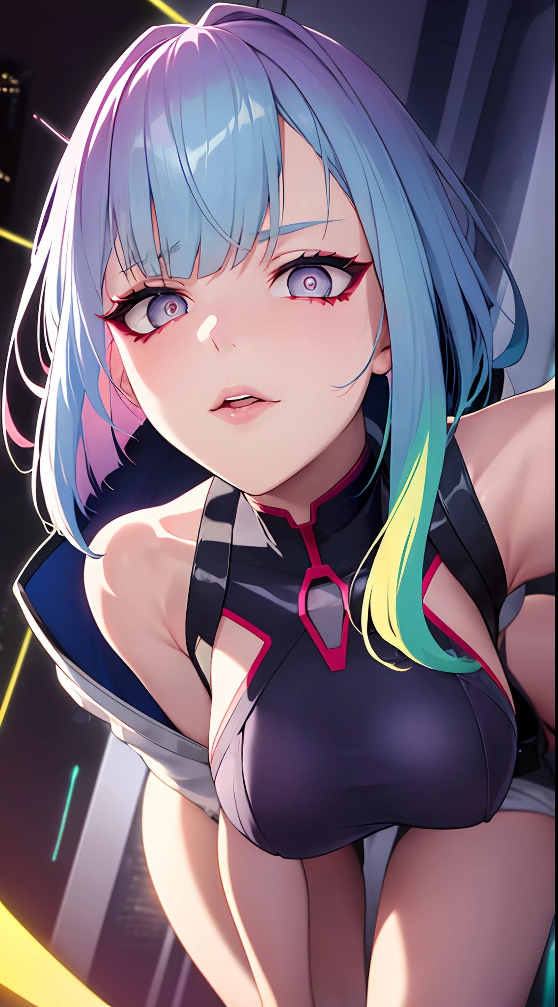 In an intriguing cyberpunk anime style, depict Lucy, a captivating 1girl with blue hair and colored tips, her hair flying upwards, framing her mesmerizing grey eyes. She wears a white jacket, her medium hair expertly styled with parted bangs and bangs falling along her face. With intense eyes open wide, her lips slightly parted, capture her unique facial expression. Enhance the portrait with multicolored hair, including hues of pink, and accentuate her features with red eyeliner and lips. Let her be the sole focus, exuding a captivating aura that embodies the essence of the cyberpunk edgerunners.