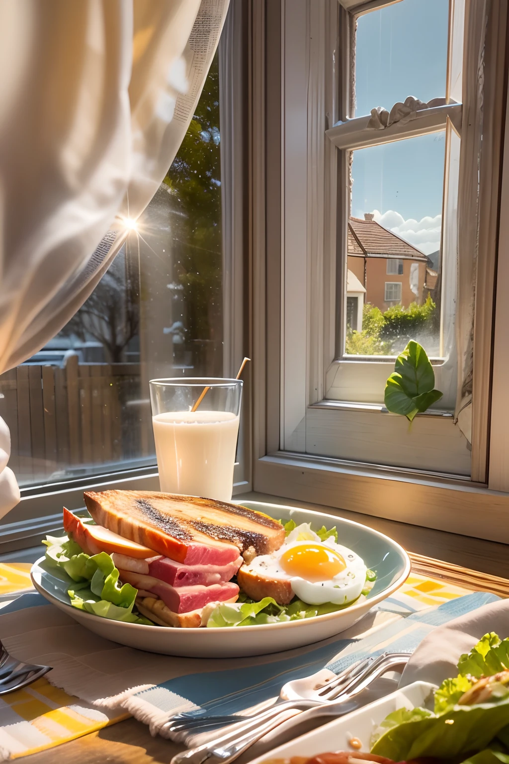 At the dinner table,panini, Tuna,Egg, sliced ham, lettuce,glass of milk.ketchup, Sunlight outside the window.