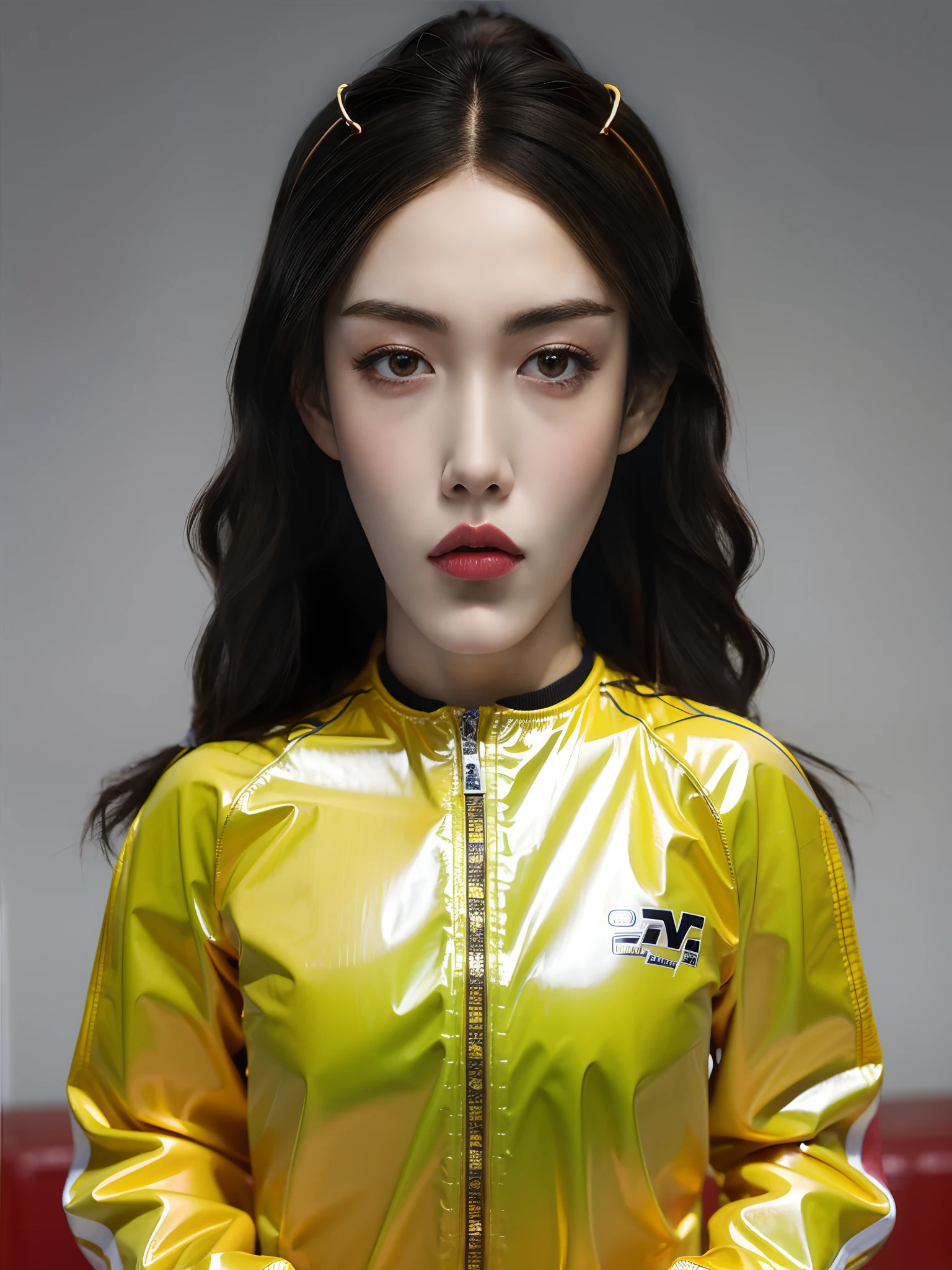 A Chinese high school girl，Wearing PVC yellow casual wear, sportswear, competition wear, motorcycle suit