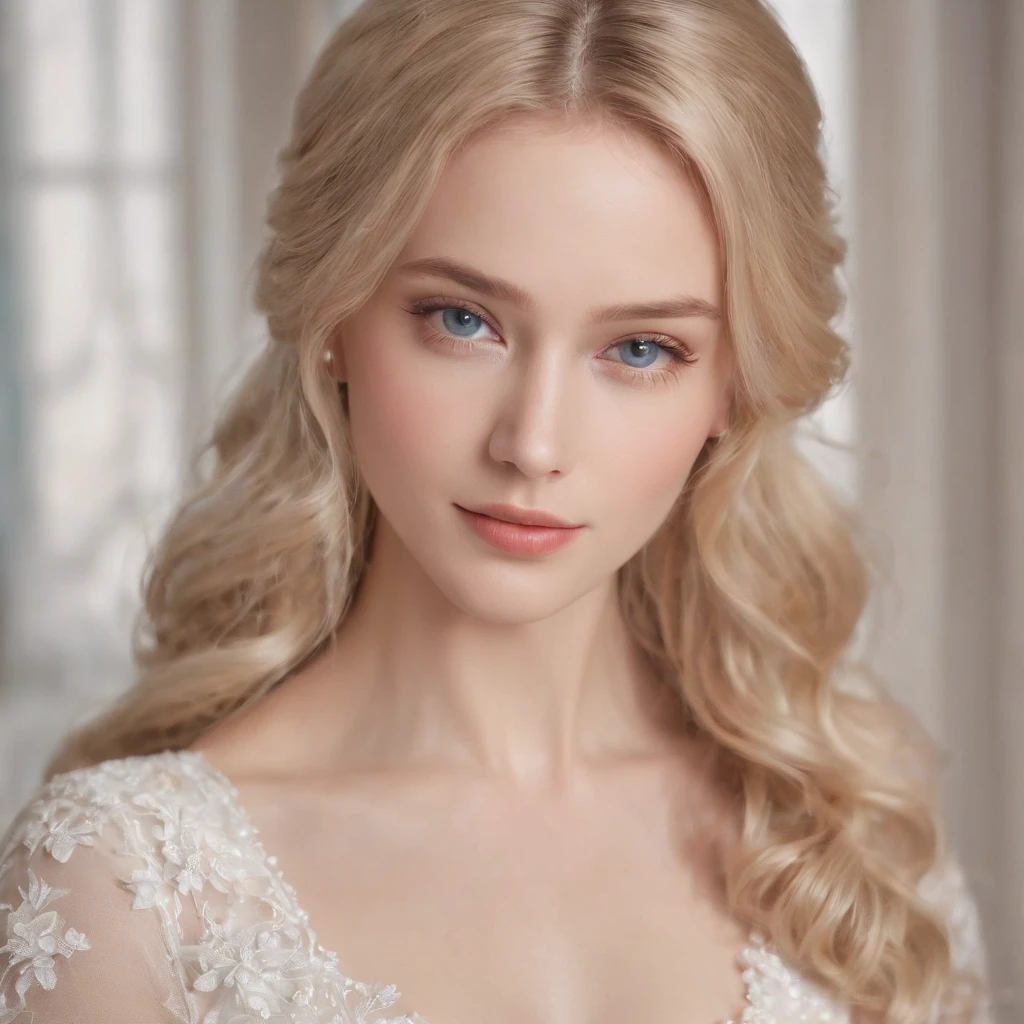 1 beautiful girl, upper body , Standing photo, white wedding dress, Soft dress, a blond, Blue eyes, Wavy Hair, masutepiece, Diffuse soft film lighting, Portrait, Best Quality (Perfect face:1.4), Ultra-realistic and highly detailed、Complex and、Realistic simulation style photos focus on the eyes, Cinematic lighting, studio shot, Gorgeous poses
