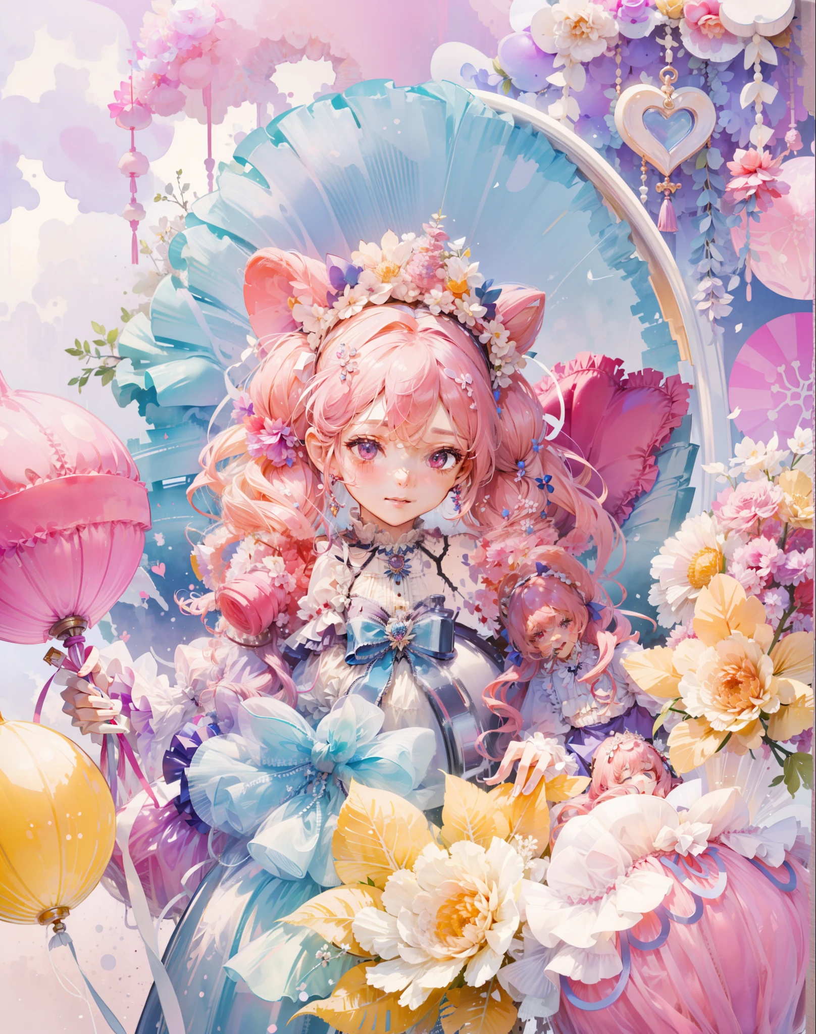 (Extremely delicate and beautiful:1.5),1girll, Sit in the strawberry dessert sundae,full bodyesbian,Sweet face,Light smile,By bangs, Gemstone eyes, Contre-Jour,Long curly hair, ta dress, A pink-haired, seen from the side, Lanterns, light particules, longer sleeves, looking at viewert,pink bows,独奏