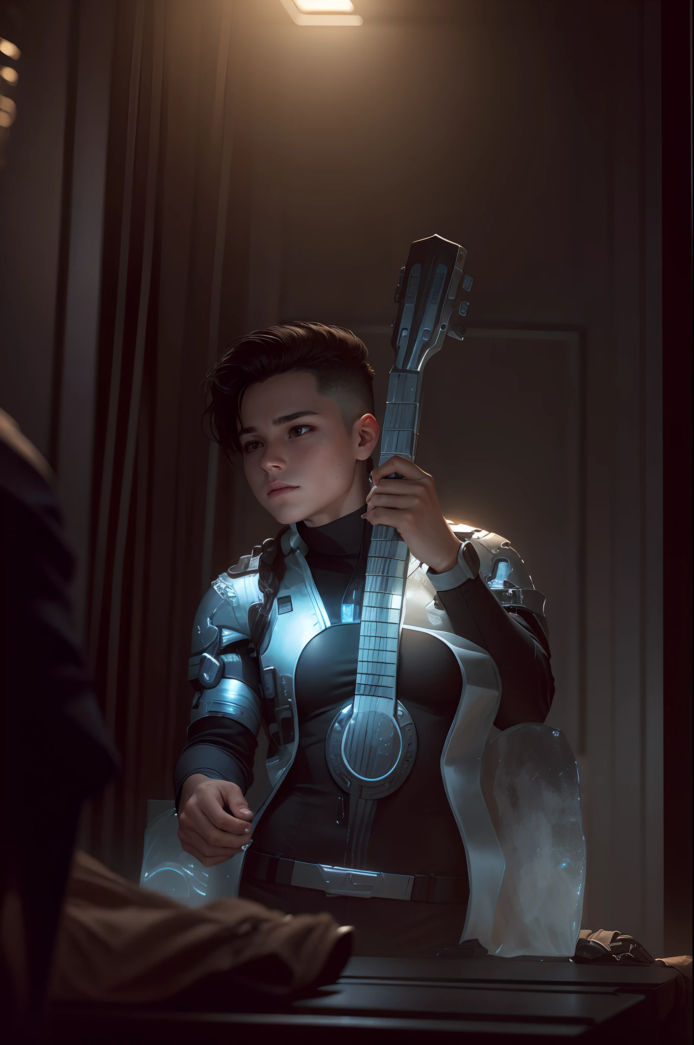 A young boy in a tight sci - fi uniform, with a slim figure, whole body, with her hair up, male warrior