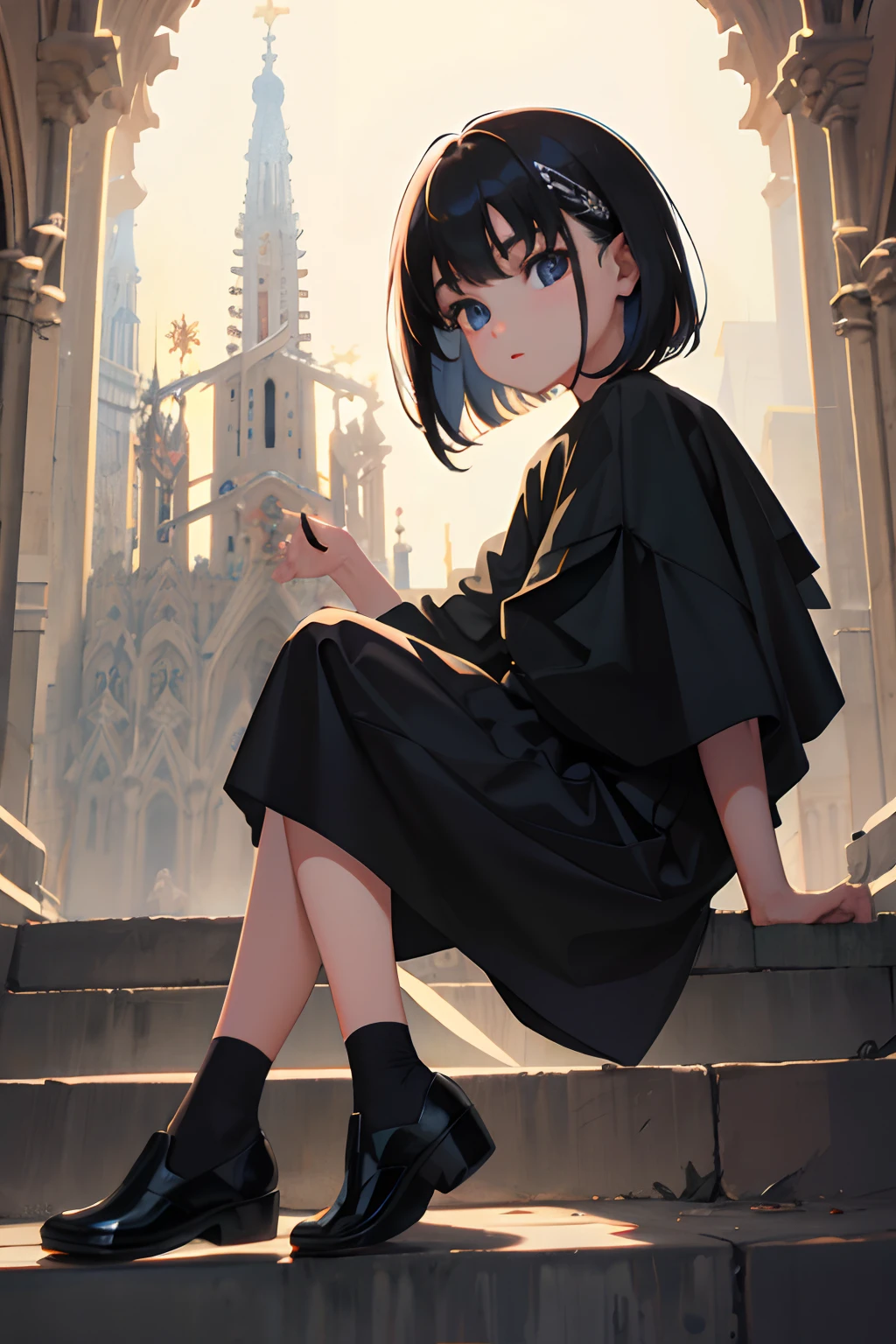 child，（​masterpiece，Highest Quality），A dark-haired，Medium bob，Sagrada Familia