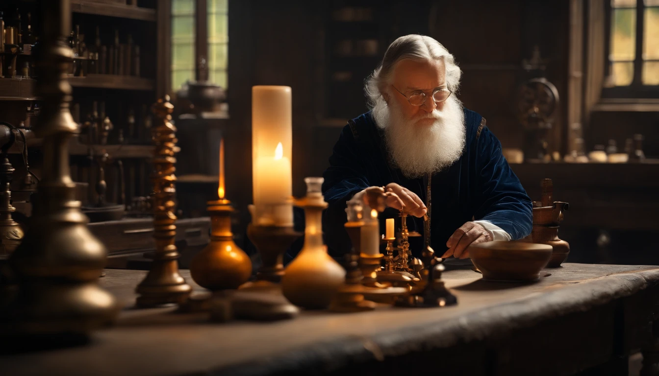 European Middle Ages,In the alchemy laboratory,Scientists operating instruments,On the table in the laboratory are some chemical and astronomy-related instruments,(Galileo in old age:1.5),depth of fields, Bokeh, hentail realism, Fotorrealista, ultra-realistic realism, professional photoshooting, 8K UHD , Digital SLR, hdr , Master tablets, best qualityer, Granular film, photorealistic paintings, Fujifilm XT3