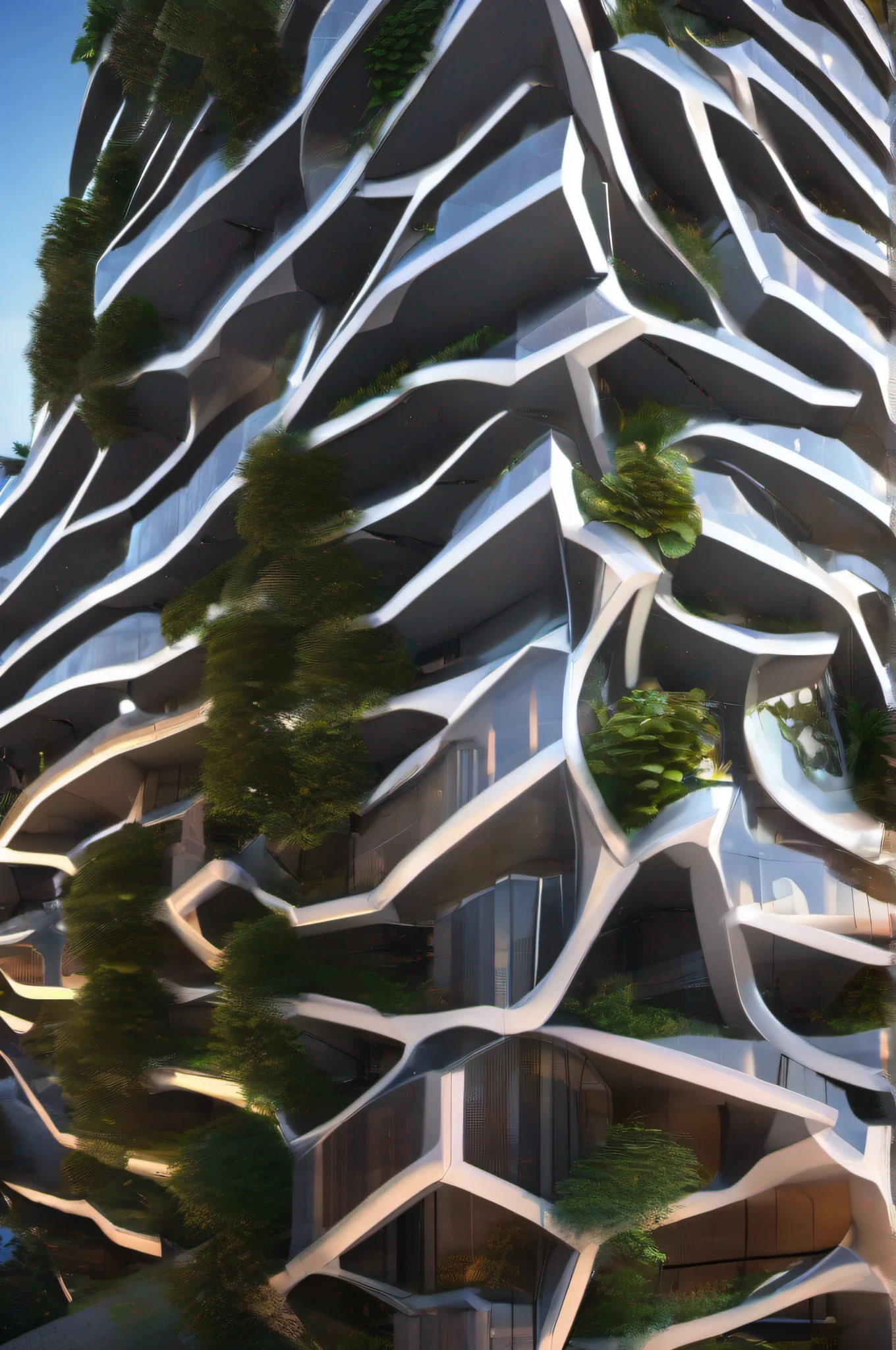 Singapore deconstruction parametric tower, street view , ultra design , cinematic lighting , plants on facade ,