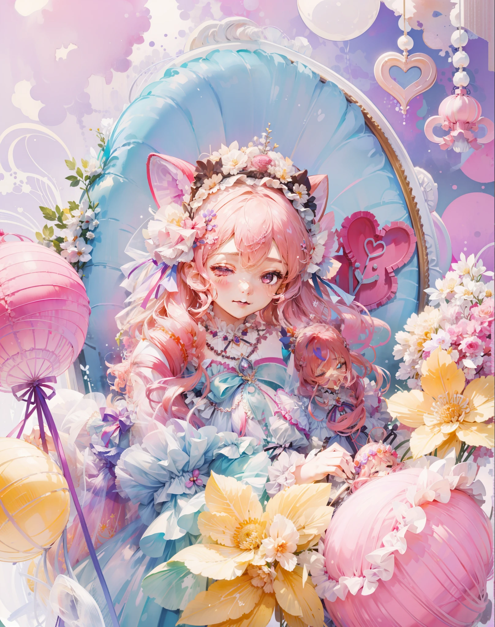(Extremely delicate and beautiful:1.5),1girll, Sit in the strawberry dessert sundae，full bodyesbian，Sweet face，Light smile，By bangs, Gemstone eyes, Contre-Jour，Long curly hair, Lolita dress, A pink-haired, seen from the side, Lanterns, light particules, longer sleeves, looking at viewert，pink bows，独奏