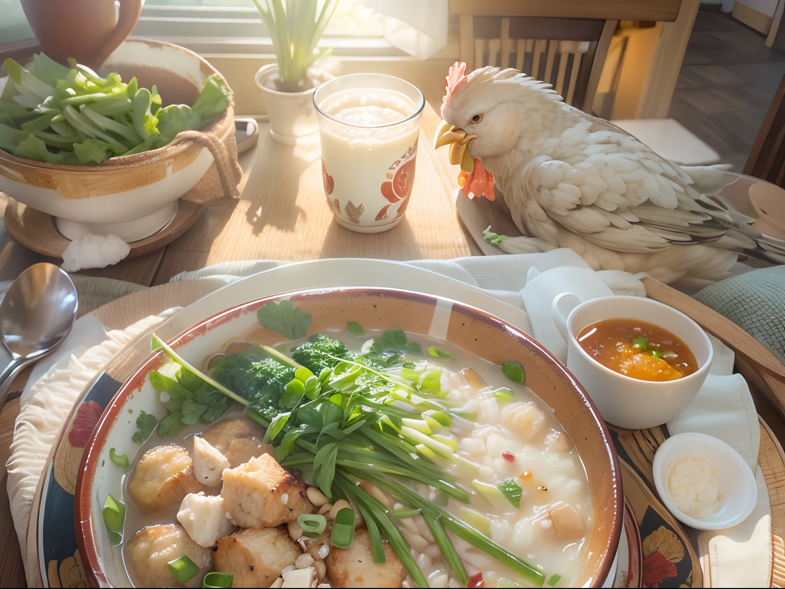 At the dinner table,Chicken porridge,There are green onions,Fritters,A cup of soy milk, Sunlight outside the window