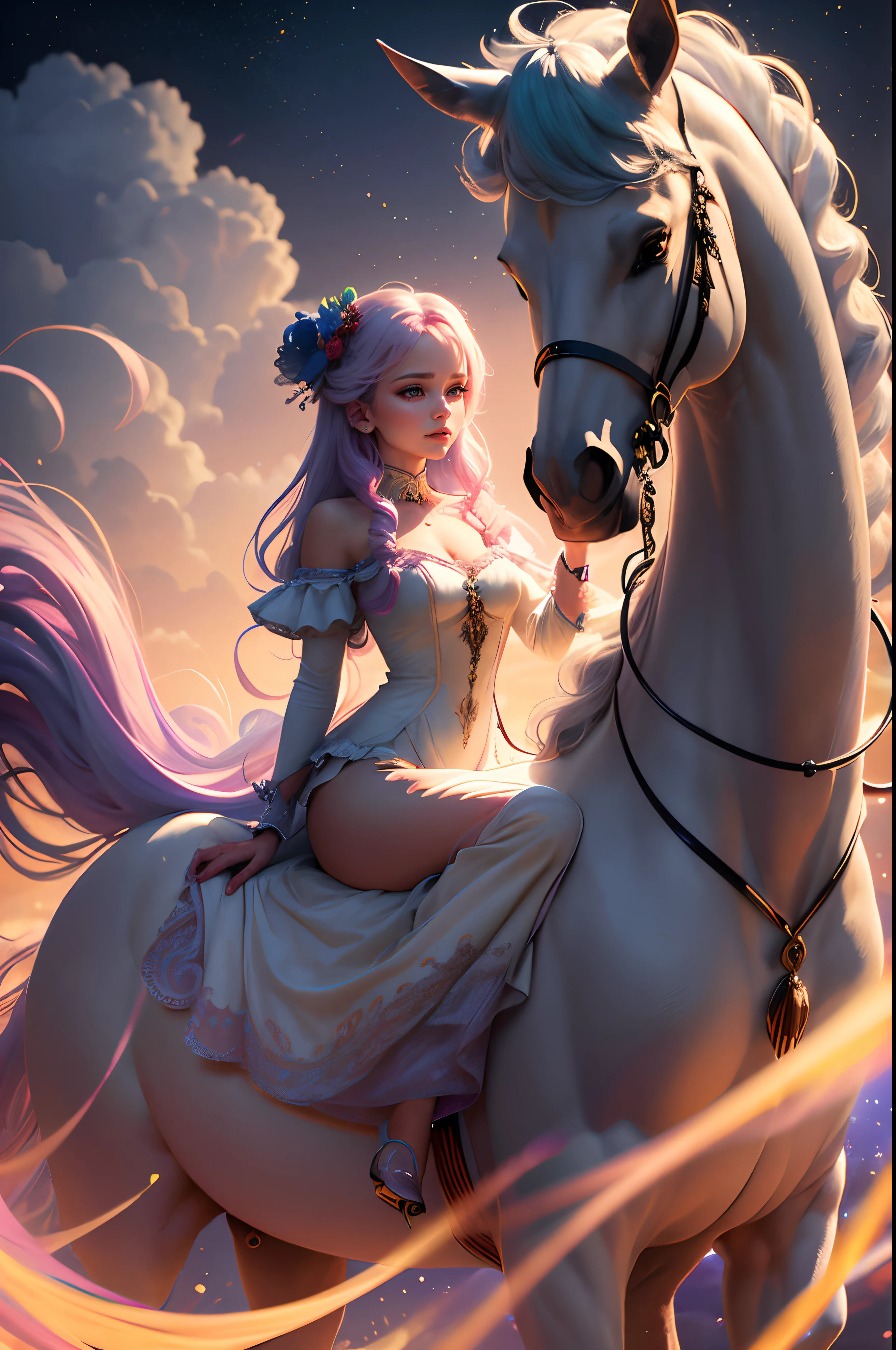 high quality, 8K Ultra HD, ultra-realistic, behold a mesmerizing spectacle -a very enchanting you woman dressed in a long flowing dress of many pastel colors, atop a unicorn. Like a painter's brushstroke, 3d render, cinematic, photo, fashion--Tilt Shot Pewter lighting, 200mm Surreal --aspect 1:1 --s 750 --v 5.