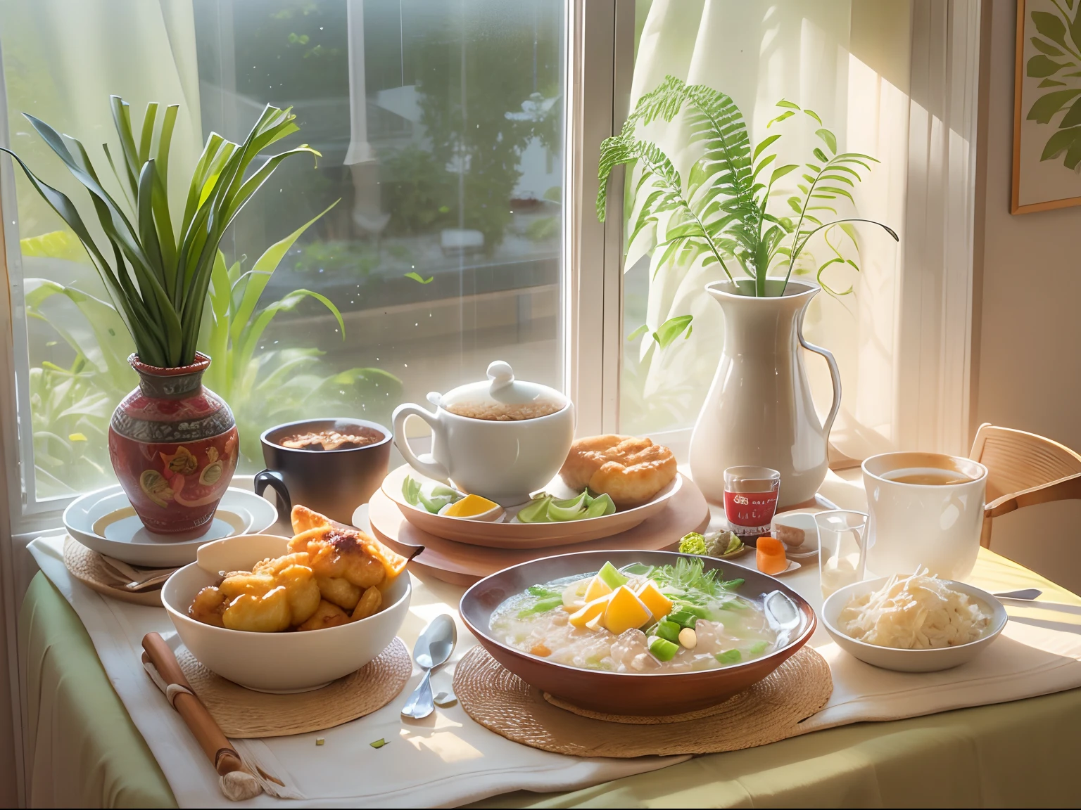 At the dinner table,Chicken porridge,There are green onions,Fritters,A cup of soy milk, Sunlight outside the window