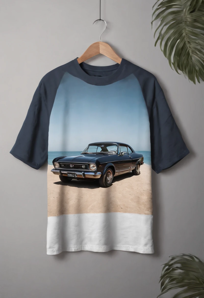 T-shirt design graphic art, Flat design of a retro vintage, praia, Tons coloridos, limpeza altamente detalhada, imagem vetorial, Obra-prima fotorrealista, fotografia profissional, carro honda civic 2005 realista, Simple setup from sunrise to beach, fundo branco plano