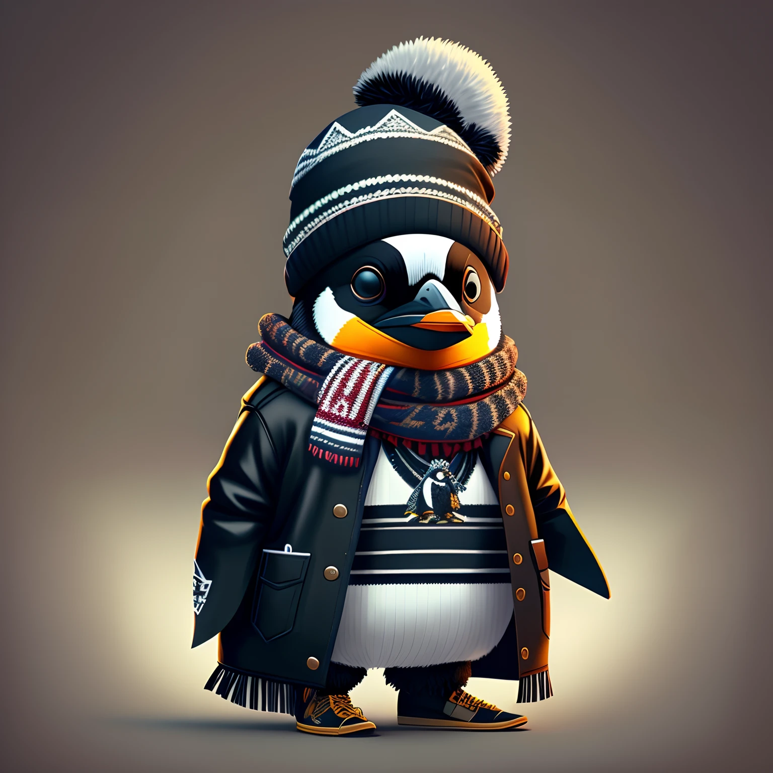 Image of a penguin with hat and scarf, art station trend, dressed in punk clothes, hyper realistic detailed rendering, British gang member, urban style, intimidating pose, planet of penguins, fashionable clothes, urban samurai, West Slavic features, circular design, shirt design