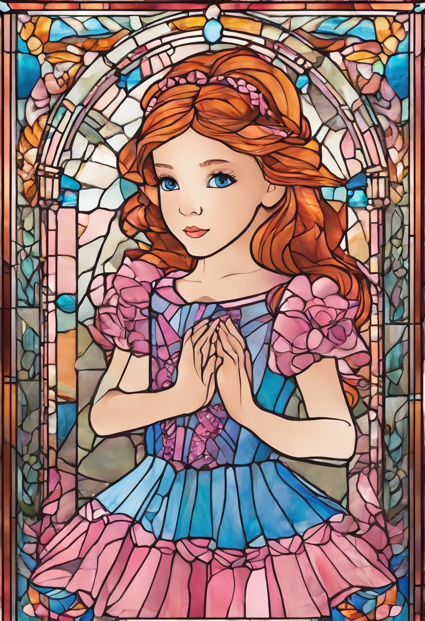 A daughter with light red hair and light brown eyes wearing a pink and blue ballerina dress
