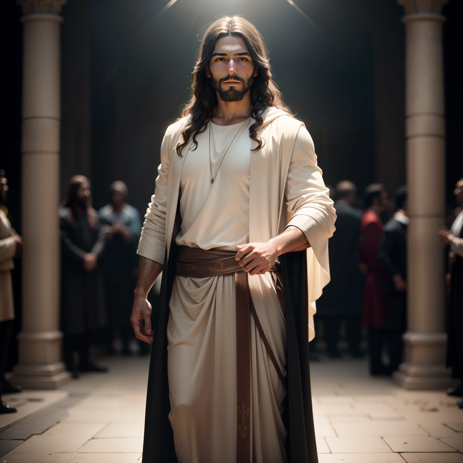 portrait of modern day Jesus, full body, cinematic lighting, depth of field, bokeh, realism, photorealistic, hyperrealism, professional photography, uhd, dslr, hdr, king, king jesus,