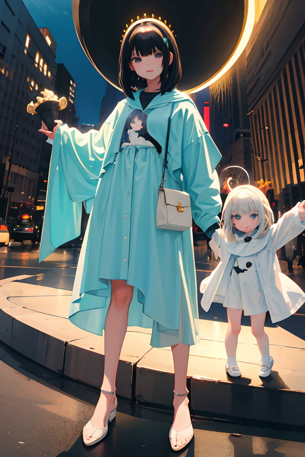 child，（​masterpiece，Highest Quality），A dark-haired，Medium bob，the statue of liberty