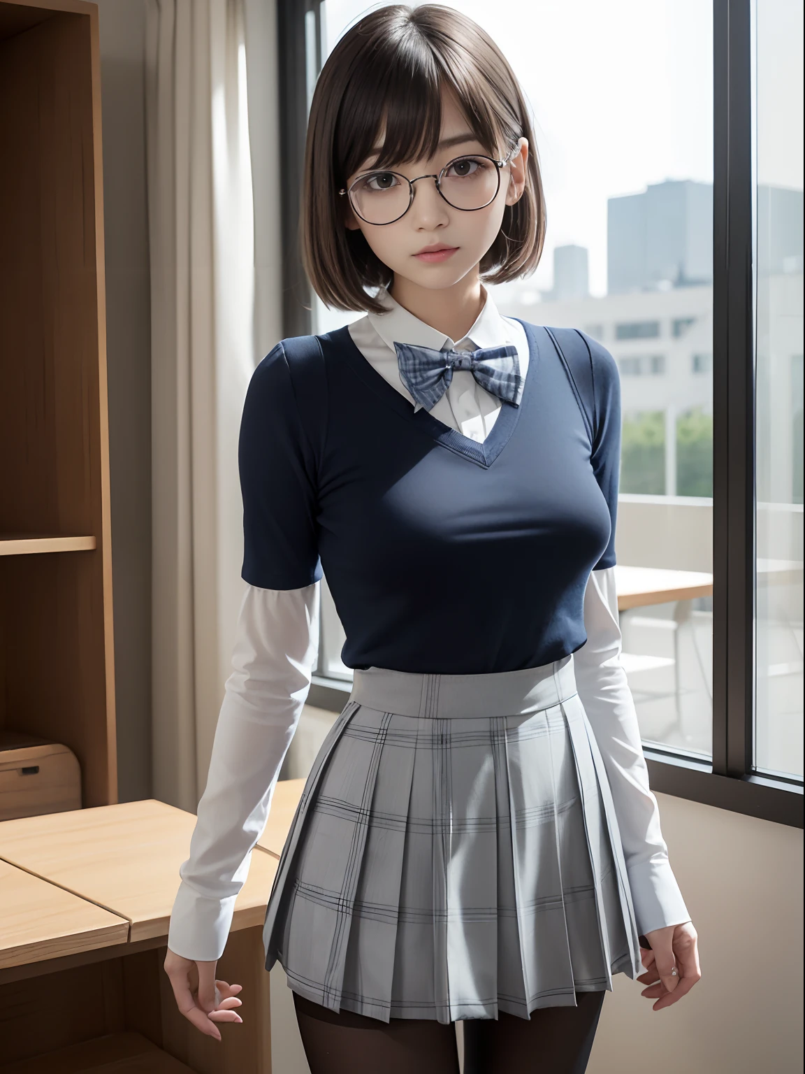 (Long bob cut),(Underwear is visible),(8K、Raw photography、top-quality、masterpiece:1.2),((small tits))、((small tits))、((small tits))、((small tits))、((small tits))、((A-cup))、((A-cup))、((A-cup))、((A-cup))、((A-cup))、Has a small、(flat breast)、(flat breast)、(flat breast)、(flat breast)、(flat breast)、(being thin)、Rasping,glamor,Chromo-white skin,cocky,School,watching at viewers,Looking at the front,Muchimuchi,High-pitched clothing,Erotic,Pupils,de pele branca,kne,((Black pantyhose)),absurderes,a small face,,Forehead visible,Bangs hanging from the left and right sides of the forehead,(a cold expression,Tight eyes,glares,Bullish,irate)、masterpiece,top-quality、超A high resolution,Raw photo,ren,Beautiful fece,One Person, 独奏,eye glass,,Dark look,Small breasts,fullllbody,Round glasses,JK school uniform,hi-school girl,A Japanese Lady,is standing,(Photorealsitic:1.37)、Photon mapping,Realistic、Beautie,Cute little face,Brown-eyed、Black socks、(Red bow tie)、Radio City、Physically Based Rendering、depth of fields、Blurry background、a picture,Body,beauty legs, Long legs, Thin leg,(Bangs are visible), hair, s lips, Blue_The eye, nosesoft,(Light blue shirt), (Navy and blue and white plaid pleated skirt), Knees are visible,Sheer clothing,, Thigh, Black cotton socks,Nogizaka Idol, 女優, Japanese ido
