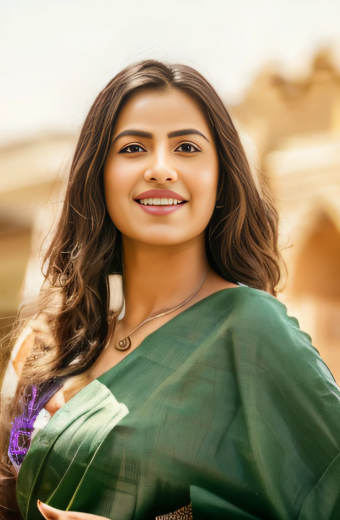 smiling woman in green sari posing for a picture, beautiful and smiling, jayison devadas, sharandula, taken in the early 2020s, jayison devadas style, lovely smile, actress, charming smile, very attractive and beautiful, candid picture, astri lohne, beautiful smile, charming sly smile, traditional beauty, she is smiling, ((film grain, skin details, high detailed skin texture, 8k hdr, dslr)), photography taken by sony DSLR, Hd image