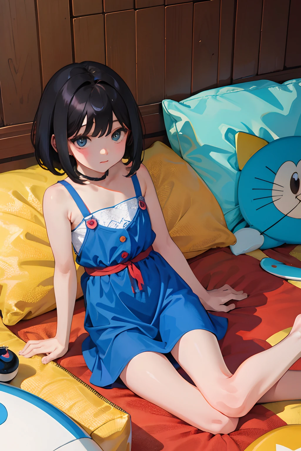 child,(masterpiece,Highest Quality),A dark-haired,Medium bob,Doraemon