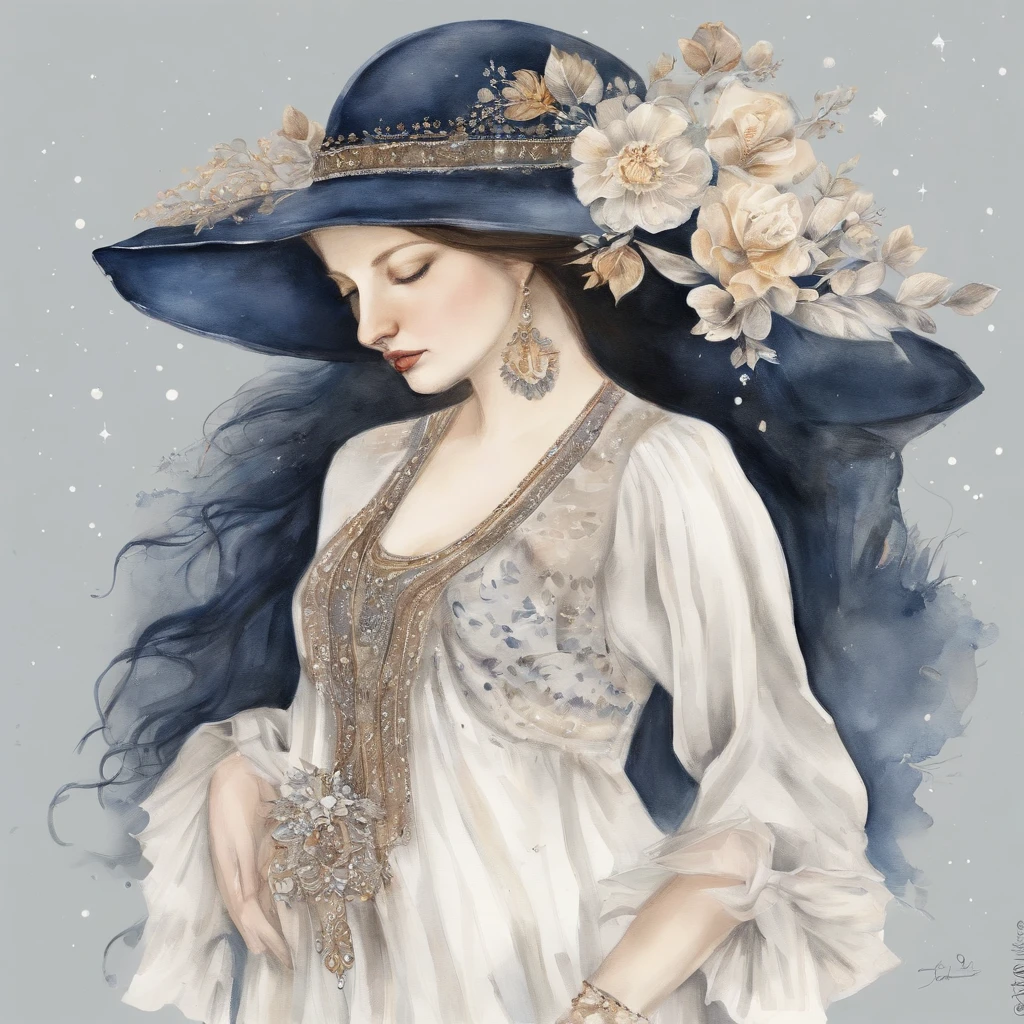 the night,Dark blue sky,White floral dress,Dignified,slim,standing athletic pose,legs crossed, cabelos preto e longos, long hair and waist, Beautiful teenage girl, White headgear,Hairline,oblique bangs, shairband, hair adornments, forehead gem, Paulai Gem Branch, crescent-shaped hair ornament, Fish hair ornament, glitters, cinmatic lighting, lens glare, nffsw, high detal, high quarity, hight resolution, best qualtiy, 8K, 16 K, high detal, high quarity, super detailing, anatomy correct, tmasterpiece,((Full body)), ((From below))