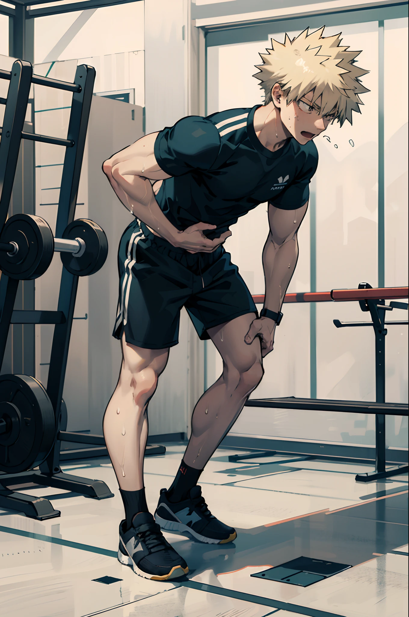 High quality, Bakugo katsuki, (1)person, handsome face, shirtless, doing push ups, , inside a gym, wearing shorts, bulge in shorts, struggling face, extremely sweaty, exhaling, tall stature, wide shoulders, full body view