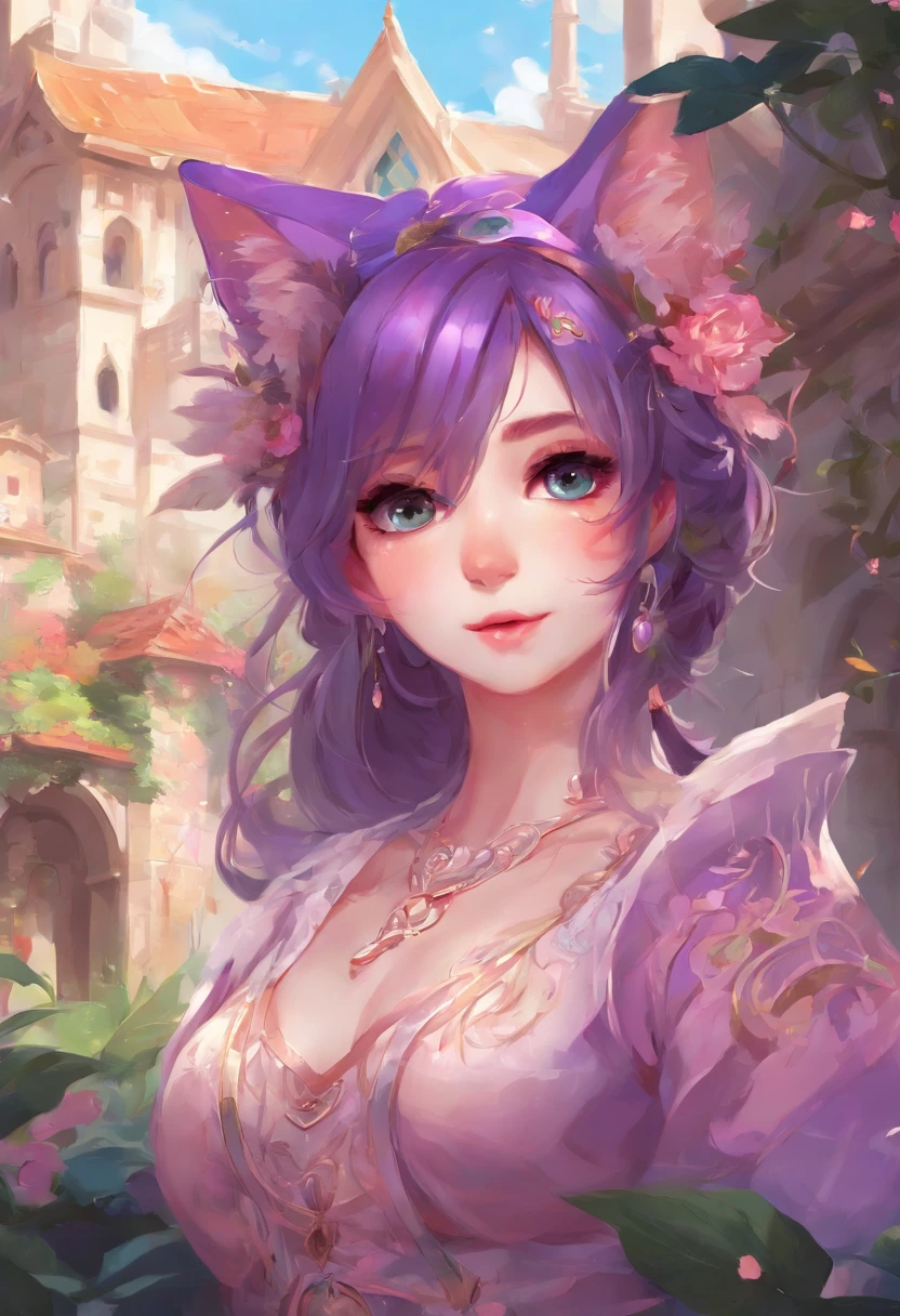 anime girl, purple cat ears, long hair, beautiful clothes, guvez style, 4k clarity, cgstation pop, antique architecture, seductive girl, attractive, genshin keru, anime style, 8K, Beautiful anime woman, Girl Front.